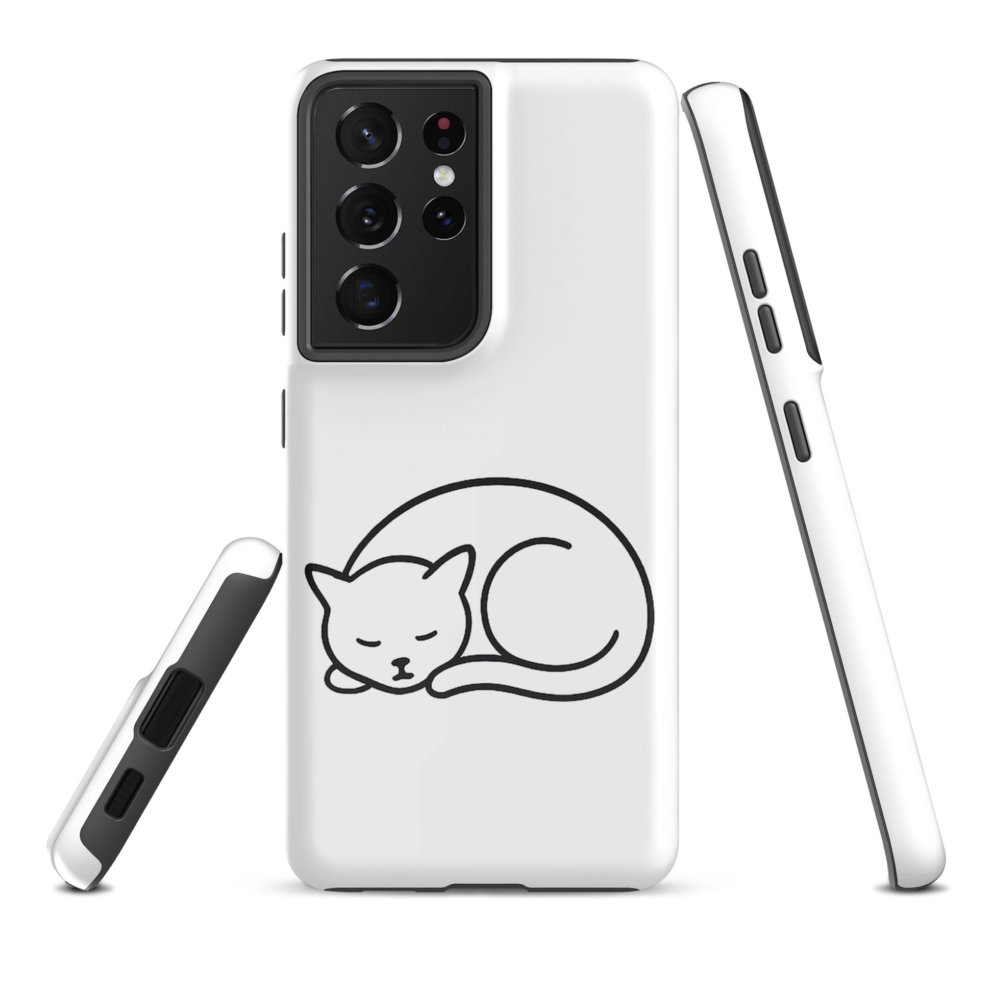 Phone Case for Samsung Galaxy featuring minimalist curled-up cat design in white and black, dual-layer protection for cat lovers.
