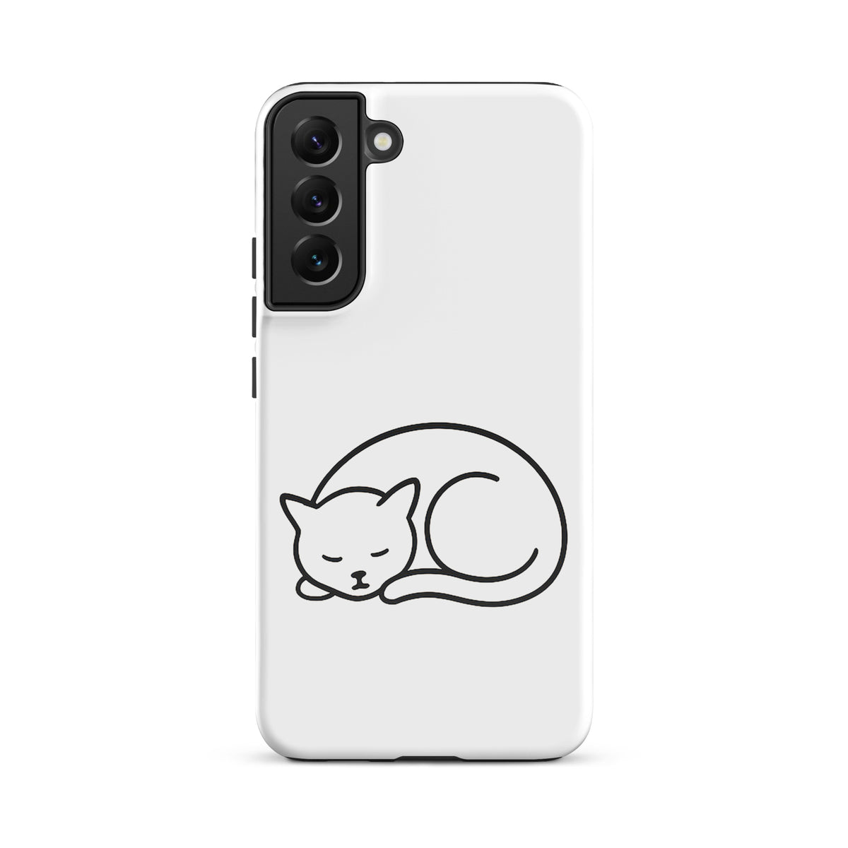 Phone Case for Samsung Galaxy with minimalist curled-up cat design in white and black, offering dual-layer protection for cat lovers.