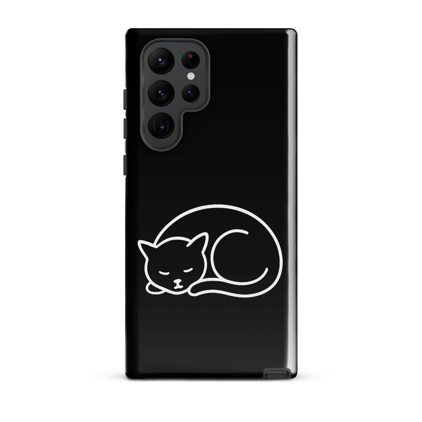 Phone Case featuring minimalist curled-up cat design for Samsung Galaxy, black and white, offering dual-layer protection for cat lovers.