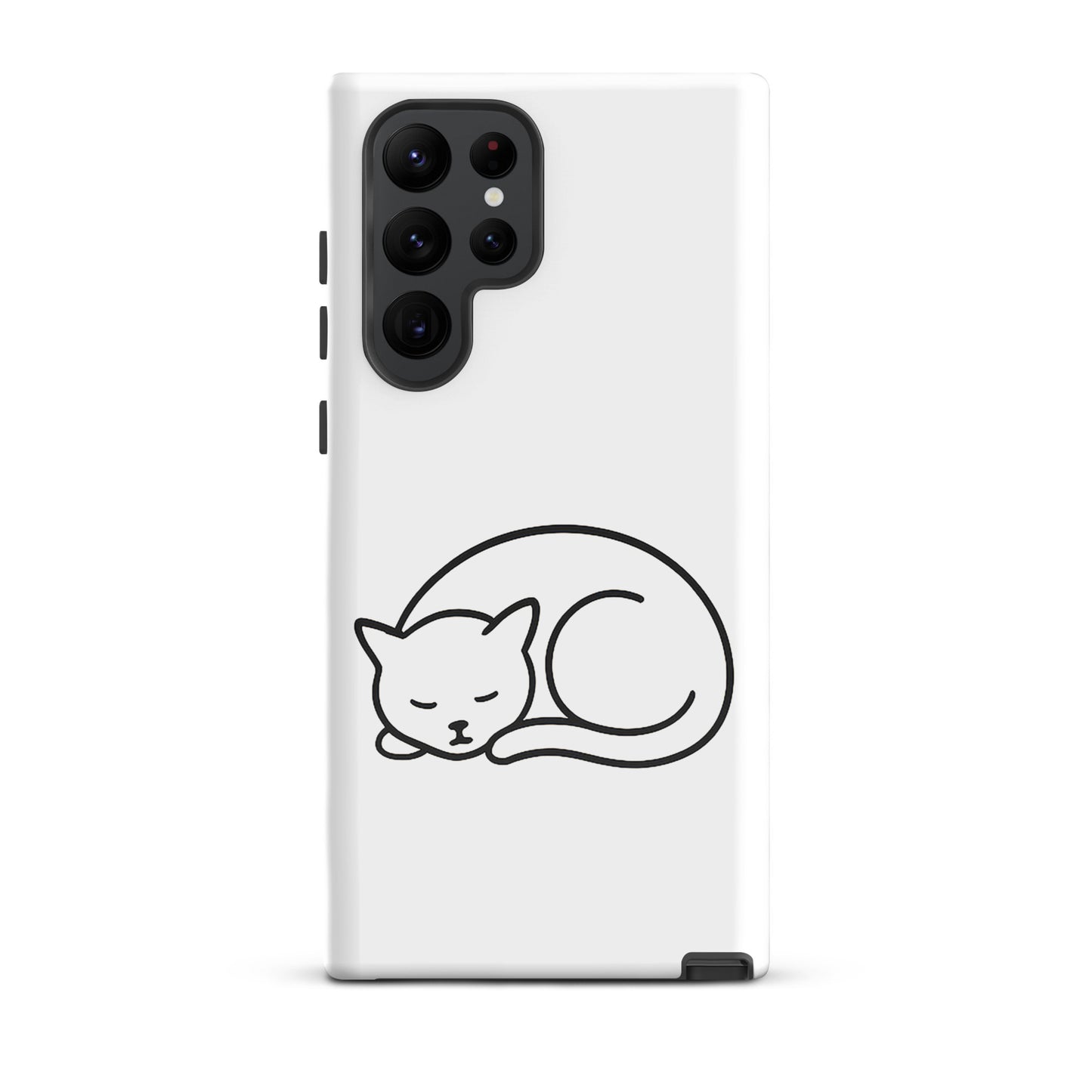Phone Case for Samsung Galaxy with minimalist curled-up cat design, dual-layer protection, white/black color, perfect for cat lovers.