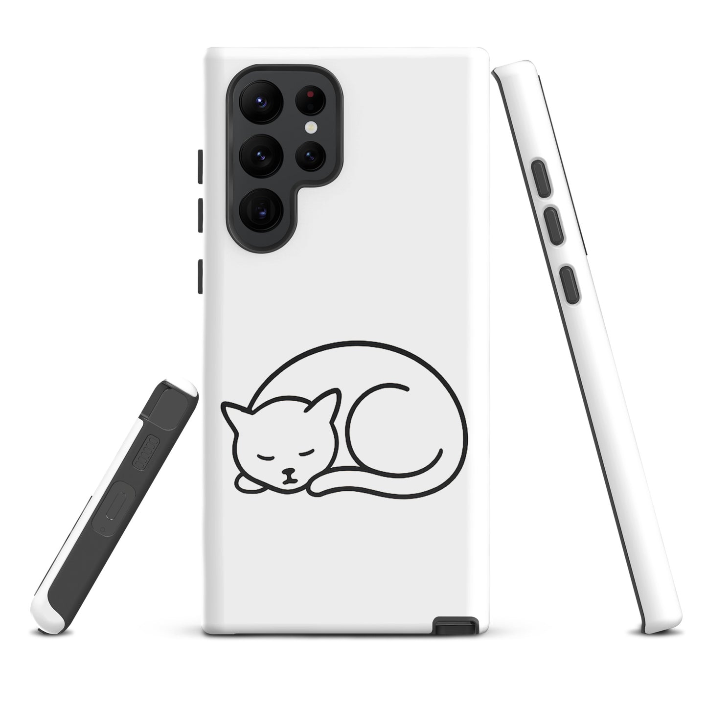 Phone Case for Samsung Galaxy Phones with minimalist curled-up cat design in white and black, featuring dual-layer protection for cat lovers.