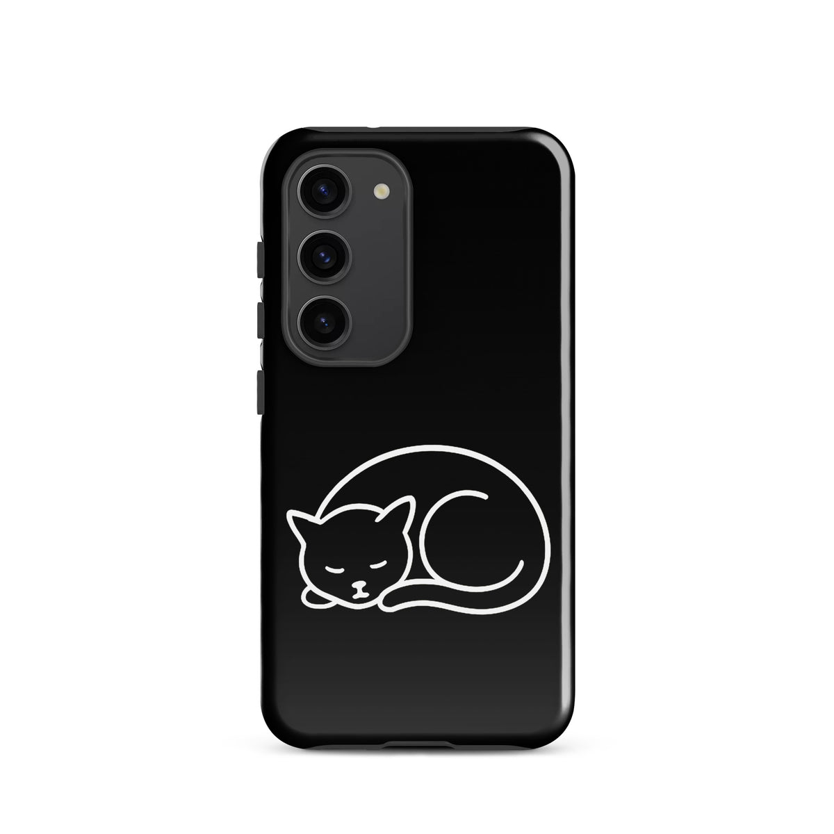Phone Case for Samsung Galaxy with minimalist curled-up cat design in black and white, dual-layer protection for cat lovers.