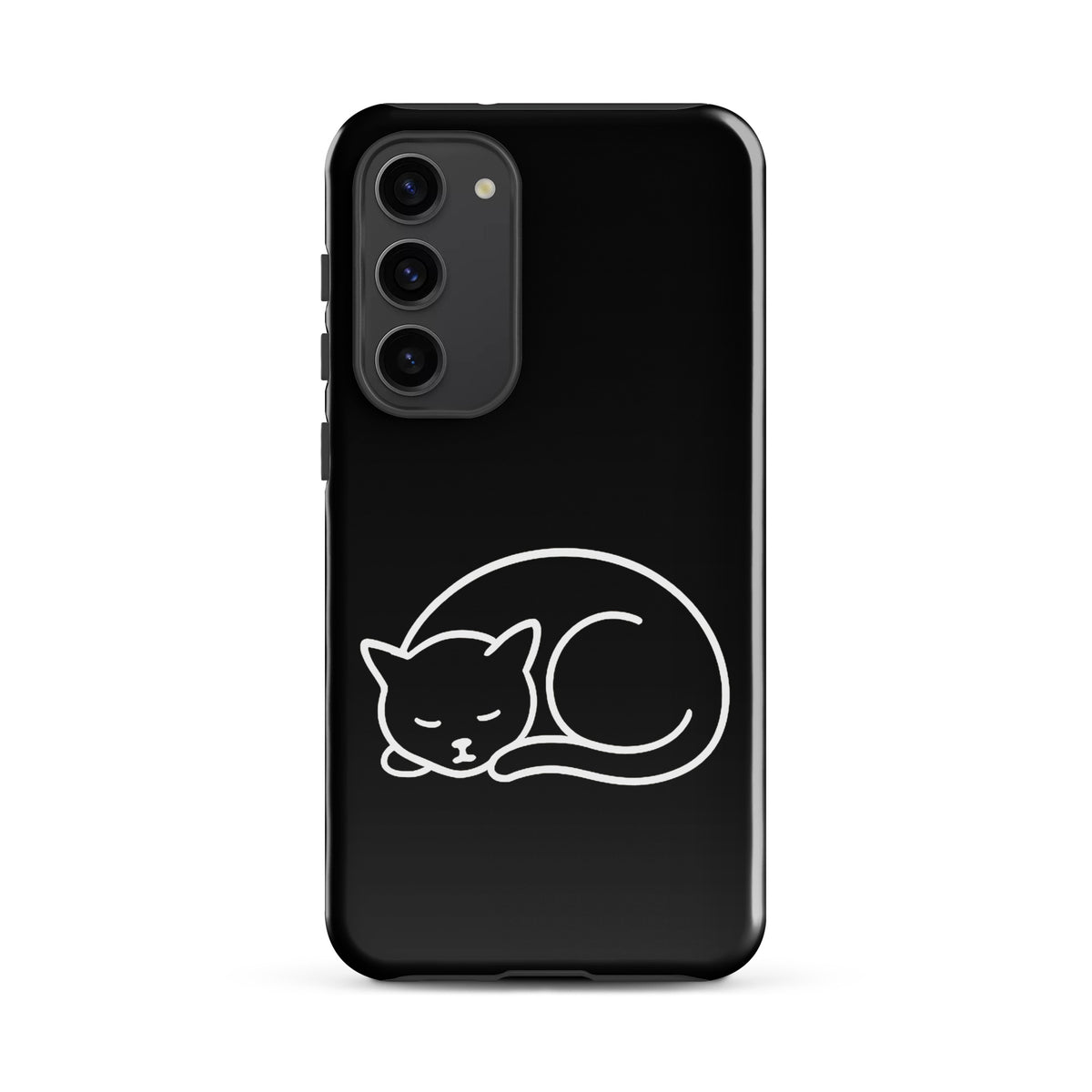 Phone Case for Samsung Galaxy with minimalist curled-up cat design in black and white, dual-layer protection for cat lovers.