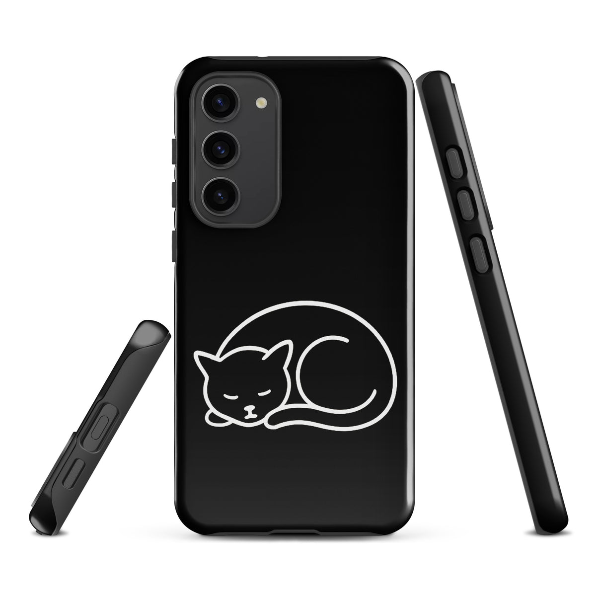 Phone Case for Samsung Galaxy with minimalist curled-up cat design in black and white, offering dual-layer protection for cat lovers.