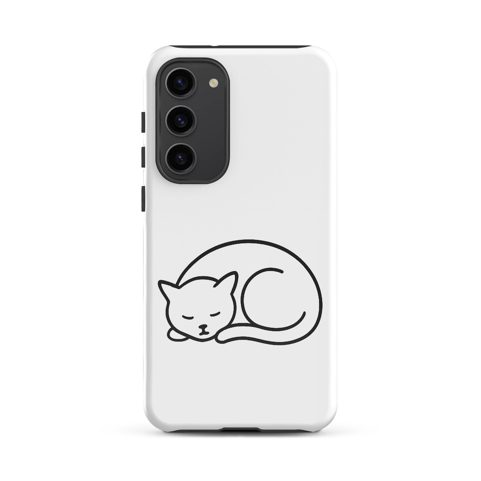 Phone Case for Samsung Galaxy with minimalist curled-up cat design in white and black, offering dual-layer protection for cat lovers.