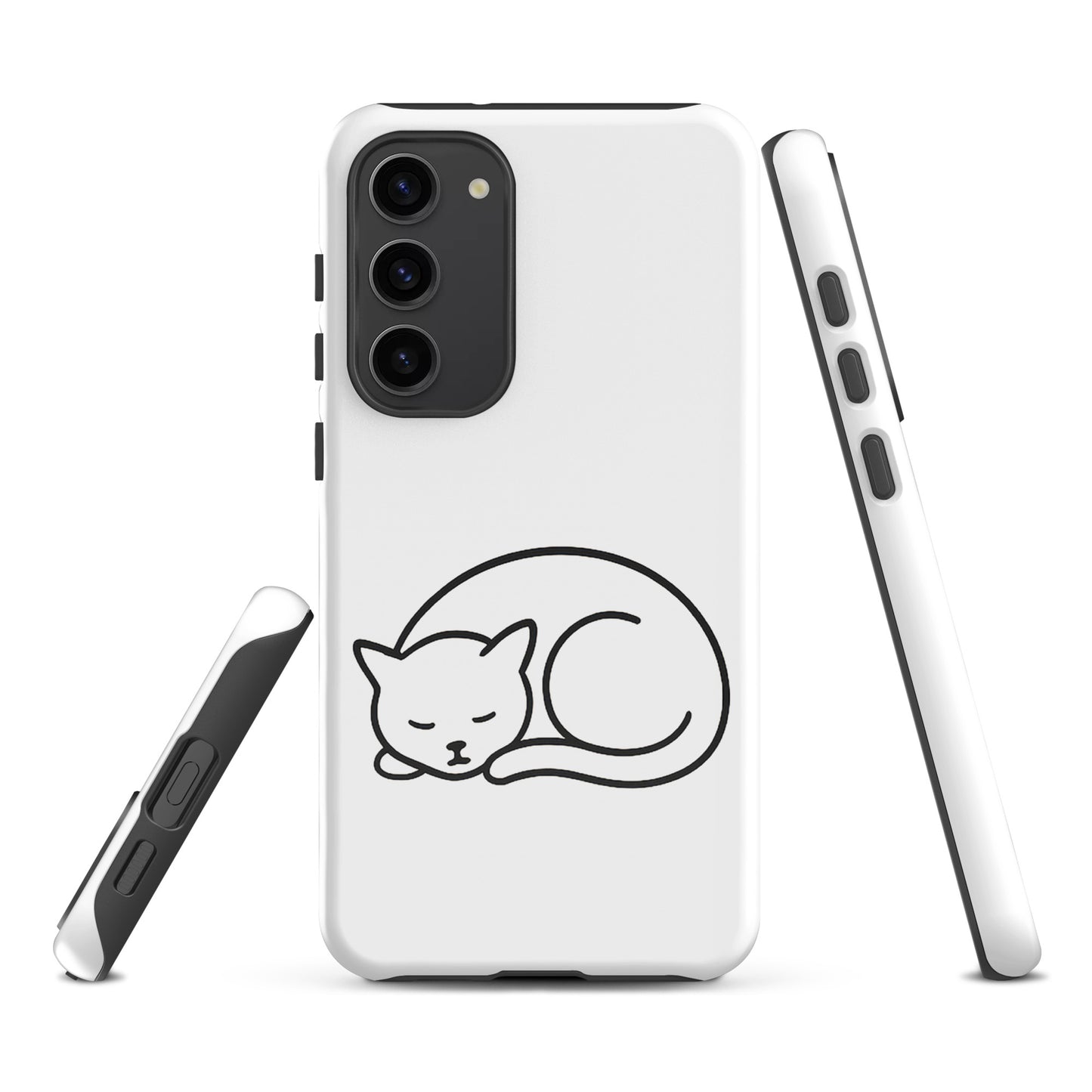 Phone Case for Samsung Galaxy Phones with minimalist curled-up cat design in black and white, dual-layer protection for cat lovers.
