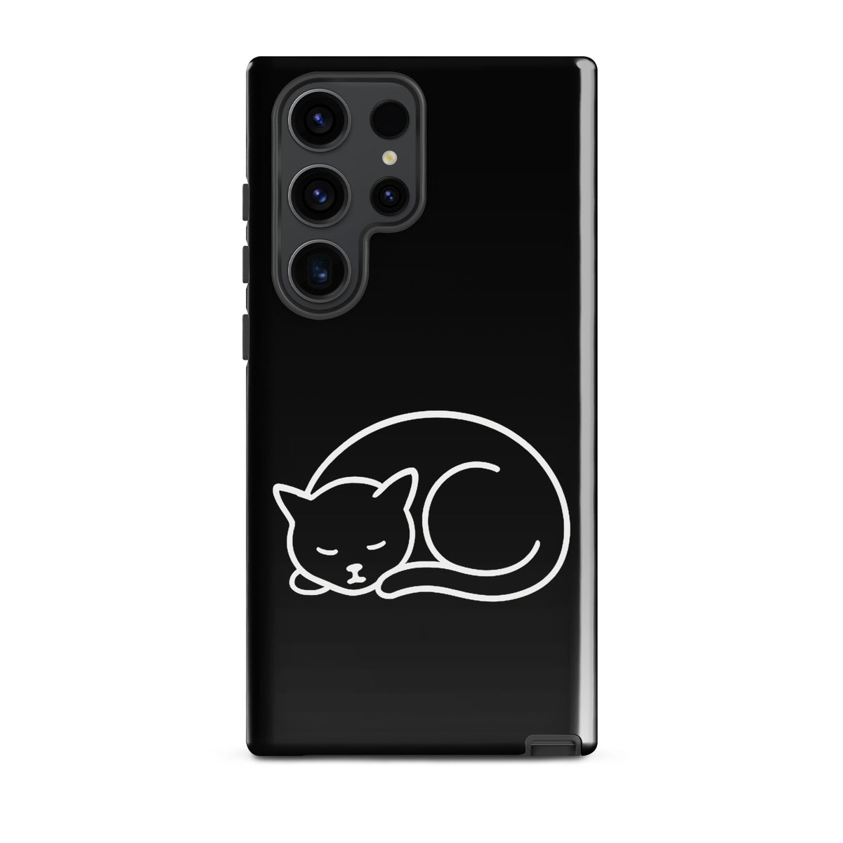 Phone Case for Samsung Galaxy with minimalist curled-up cat design in black and white, perfect for cat lovers seeking device protection.