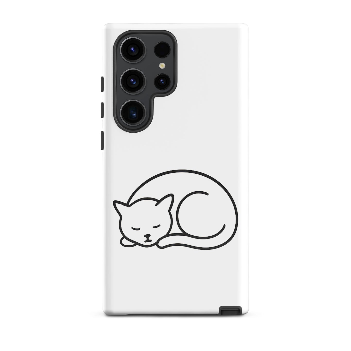 Phone Case for Samsung Galaxy Phones with minimalist curled-up cat design in white and black, dual-layer protection for cat lovers.