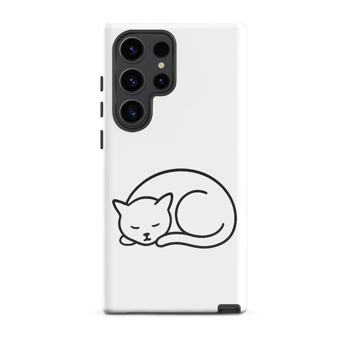 Phone Case for Samsung Galaxy Phones with minimalist curled-up cat design in white and black, dual-layer protection for cat lovers.