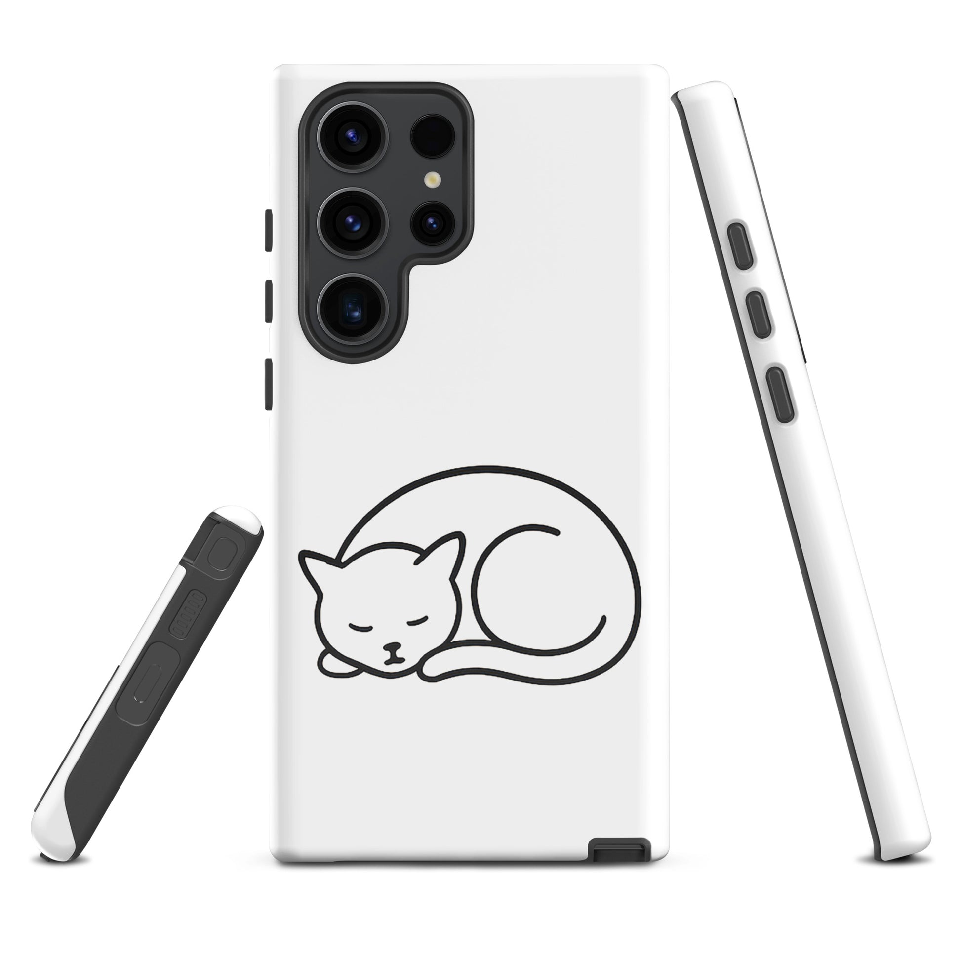 Phone Case with curled-up cat design for Samsung Galaxy, white and black minimalist kitty illustration, dual-layer protection.