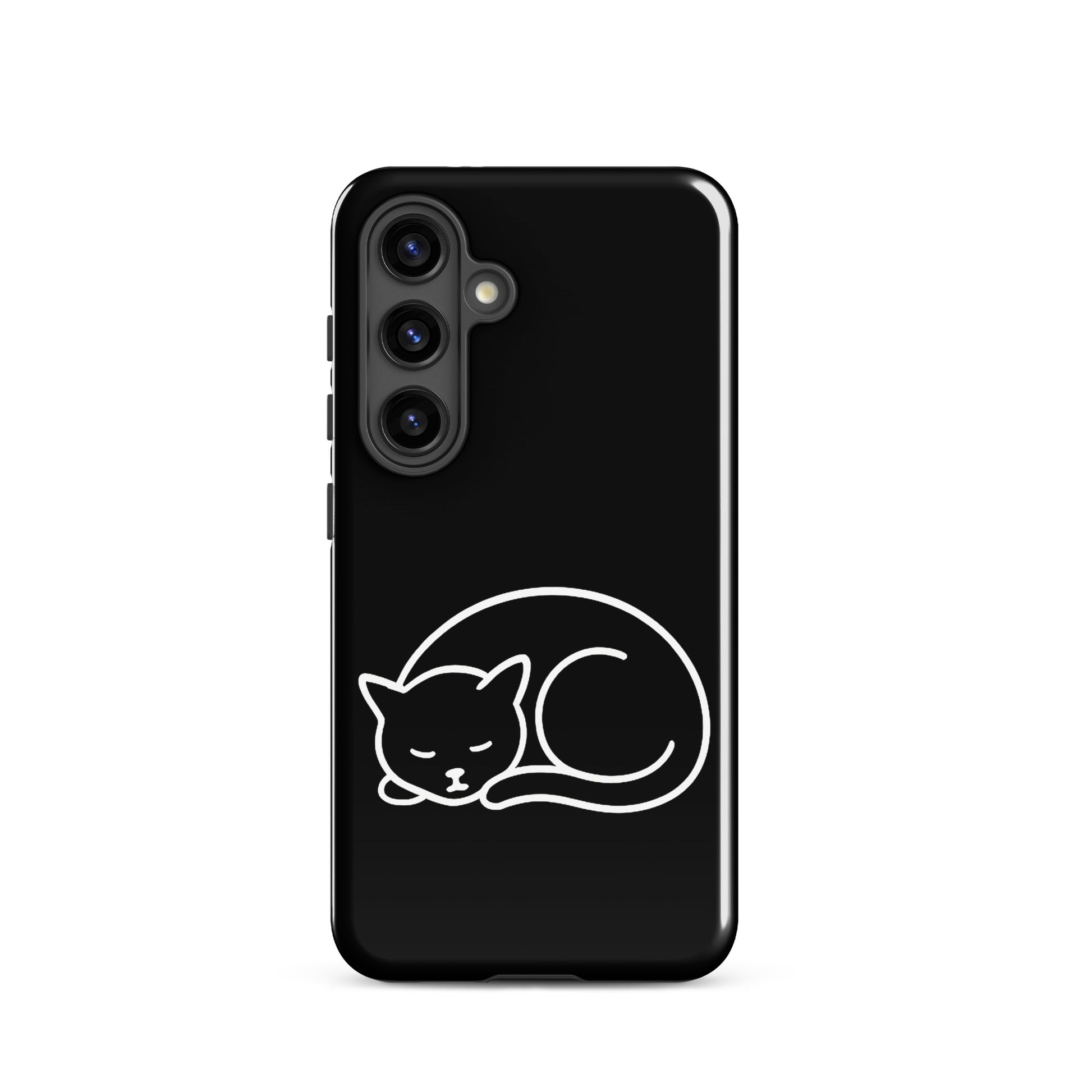 Black and white Phone Case for Samsung Galaxy with minimalist curled-up cat illustration, offering dual-layer protection for cat lovers.