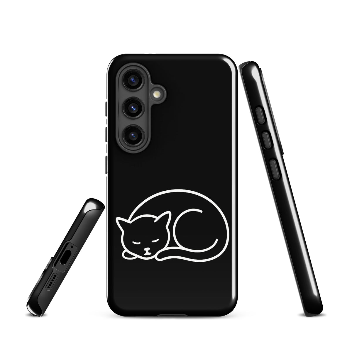 Phone Case for Samsung Galaxy with black and white minimalist curled-up cat design, offering dual-layer protection for cat lovers.