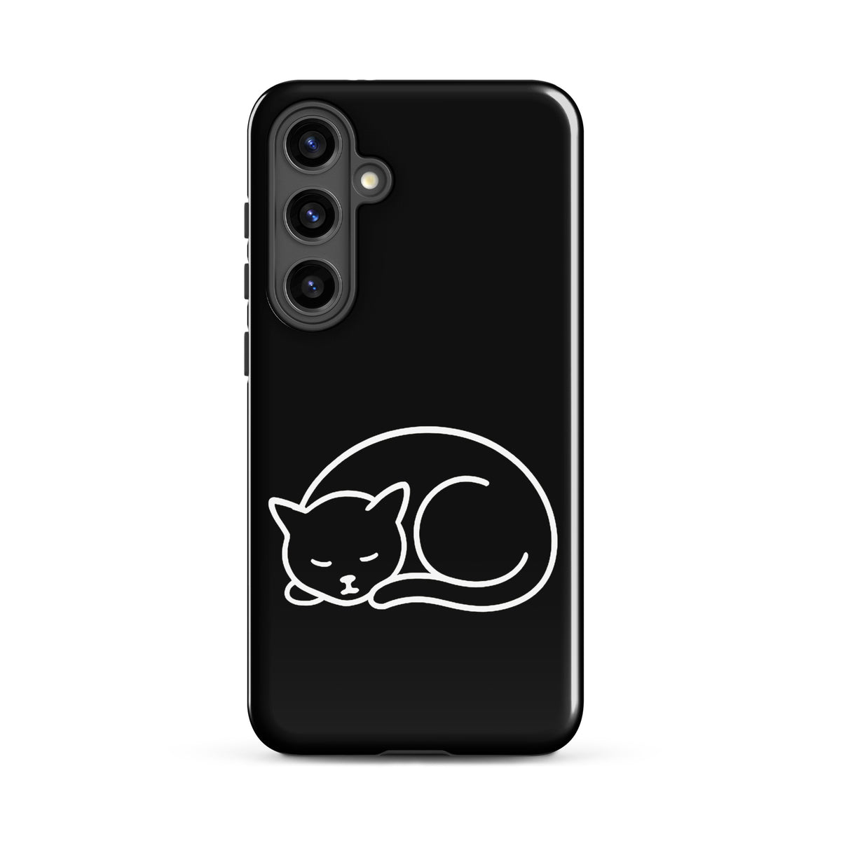 Phone Case for Samsung Galaxy with minimalist curled-up cat design in black and white, featuring dual-layer protection.