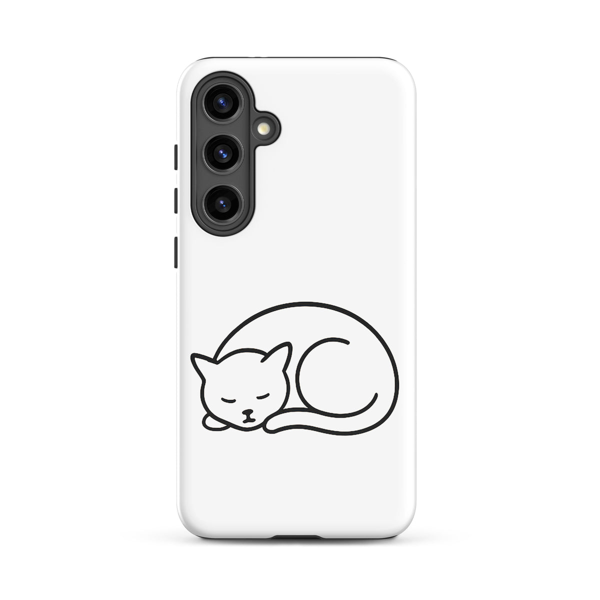 Phone Case for Samsung Galaxy with minimalist curled-up cat design, dual-layer protection, perfect for cat lovers, white and black.