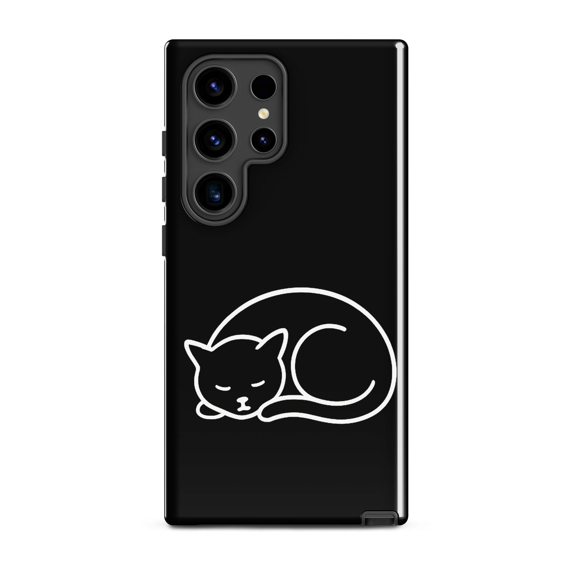 Phone Case for Samsung Galaxy Phones with minimalist curled-up cat design in black and white, featuring dual-layer protection.