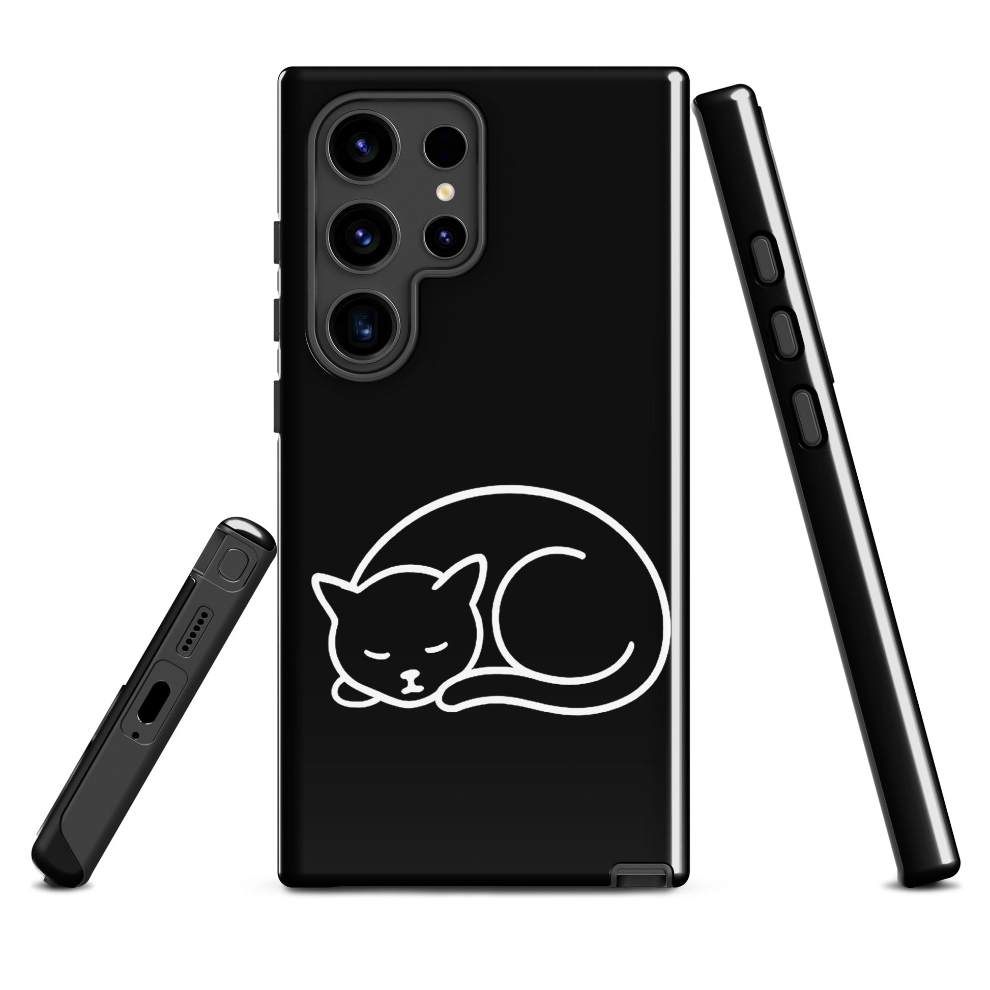 Phone Case for Samsung Galaxy with black and white minimalist curled-up cat design, dual-layer protection for cat lovers.