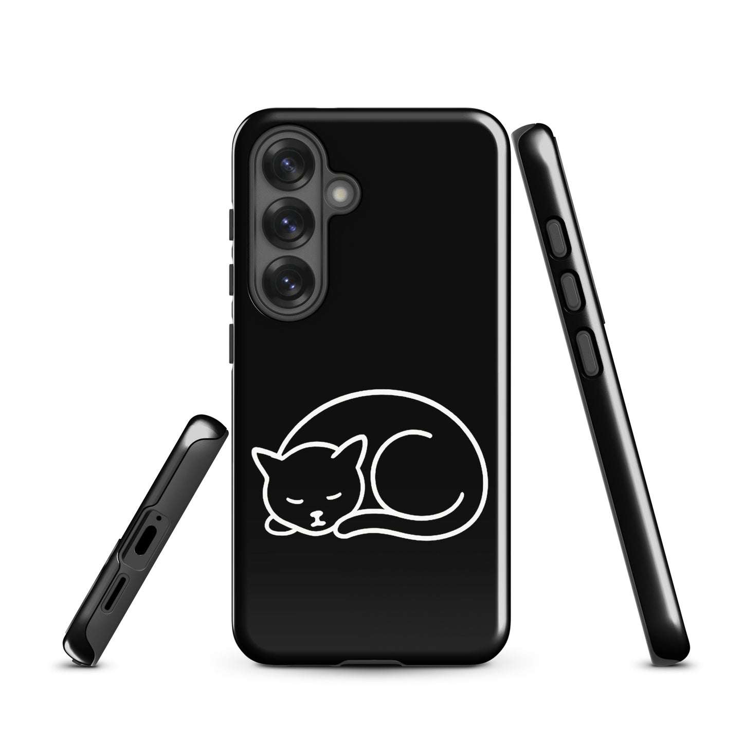 Phone Case for Samsung Galaxy Phones with minimalist curled-up cat design in black and white, offering dual-layer protection.