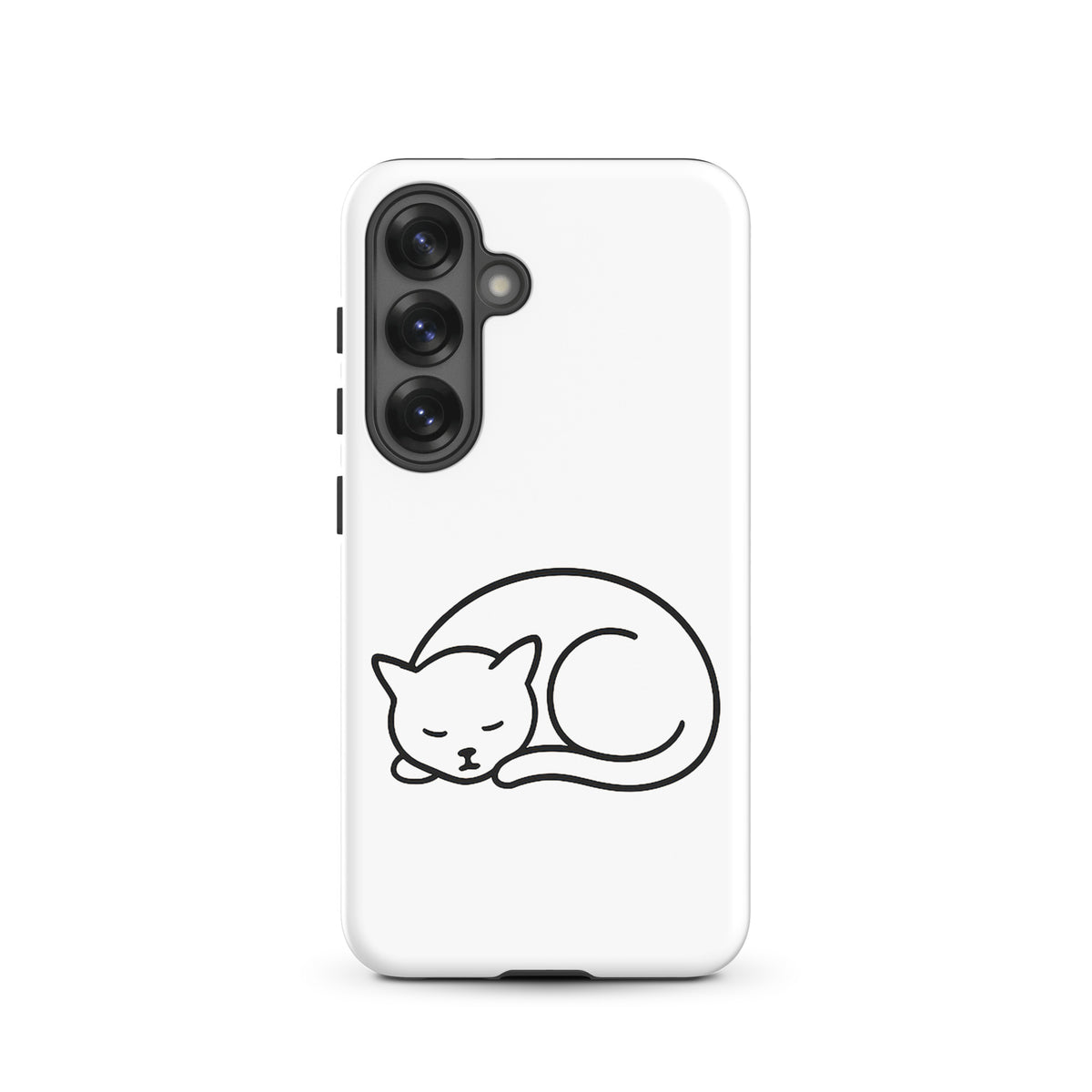 Phone Case for Samsung Galaxy with minimalist curled-up cat design in white and black, dual-layer protection for cat lovers.