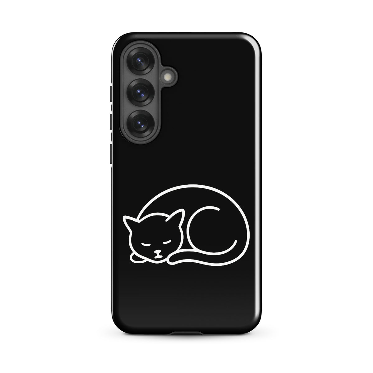 Phone Case for Samsung Galaxy with minimalist black and white curled-up cat design, dual-layer protection.