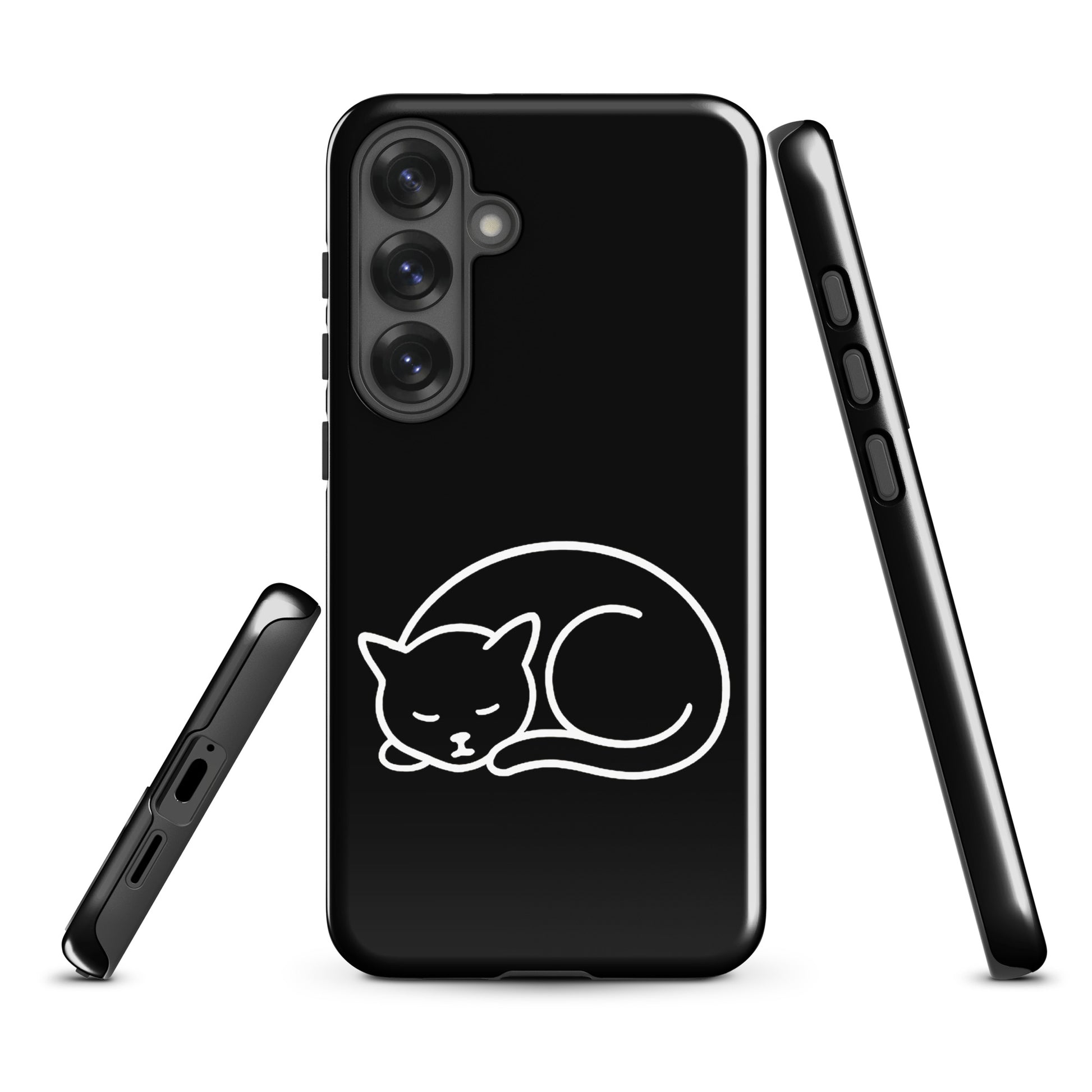 Phone Case for Samsung Galaxy with minimalist curled-up cat design in black and white, providing dual-layer protection for cat lovers.