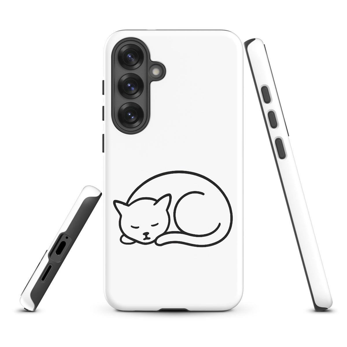 Phone Case with minimalist curled-up cat design for Samsung Galaxy, featuring dual-layer protection. Perfect for cat lovers, in white/black.