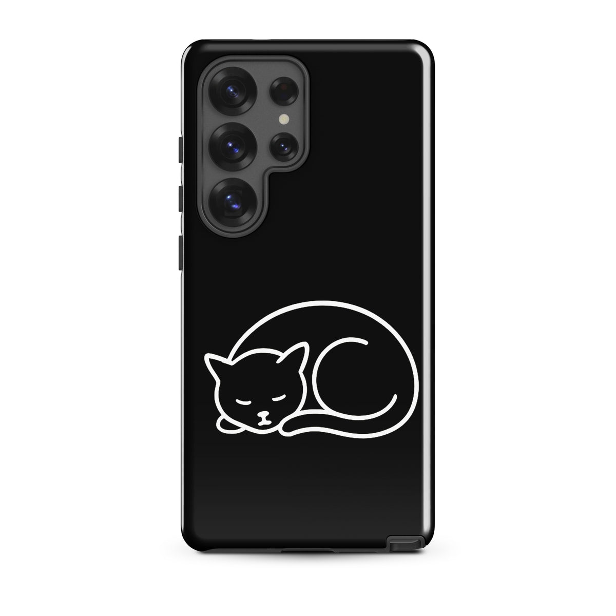 Phone Case for Samsung Galaxy with curled-up cat design in black and white, featuring dual-layer protection for cat lovers.