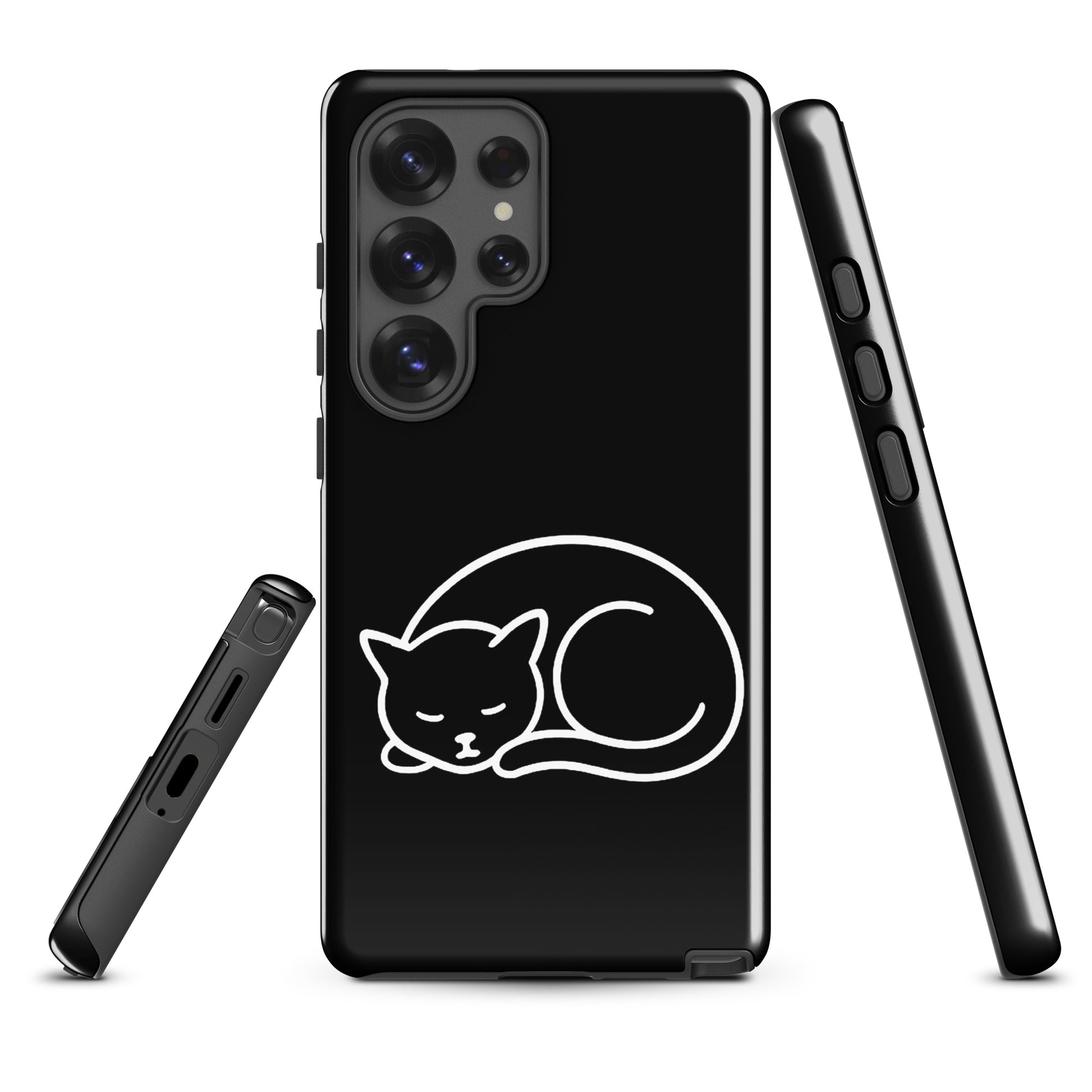 Phone Case for Samsung Galaxy with minimalist curled-up cat design in black and white, offering dual-layer protection for cat lovers.