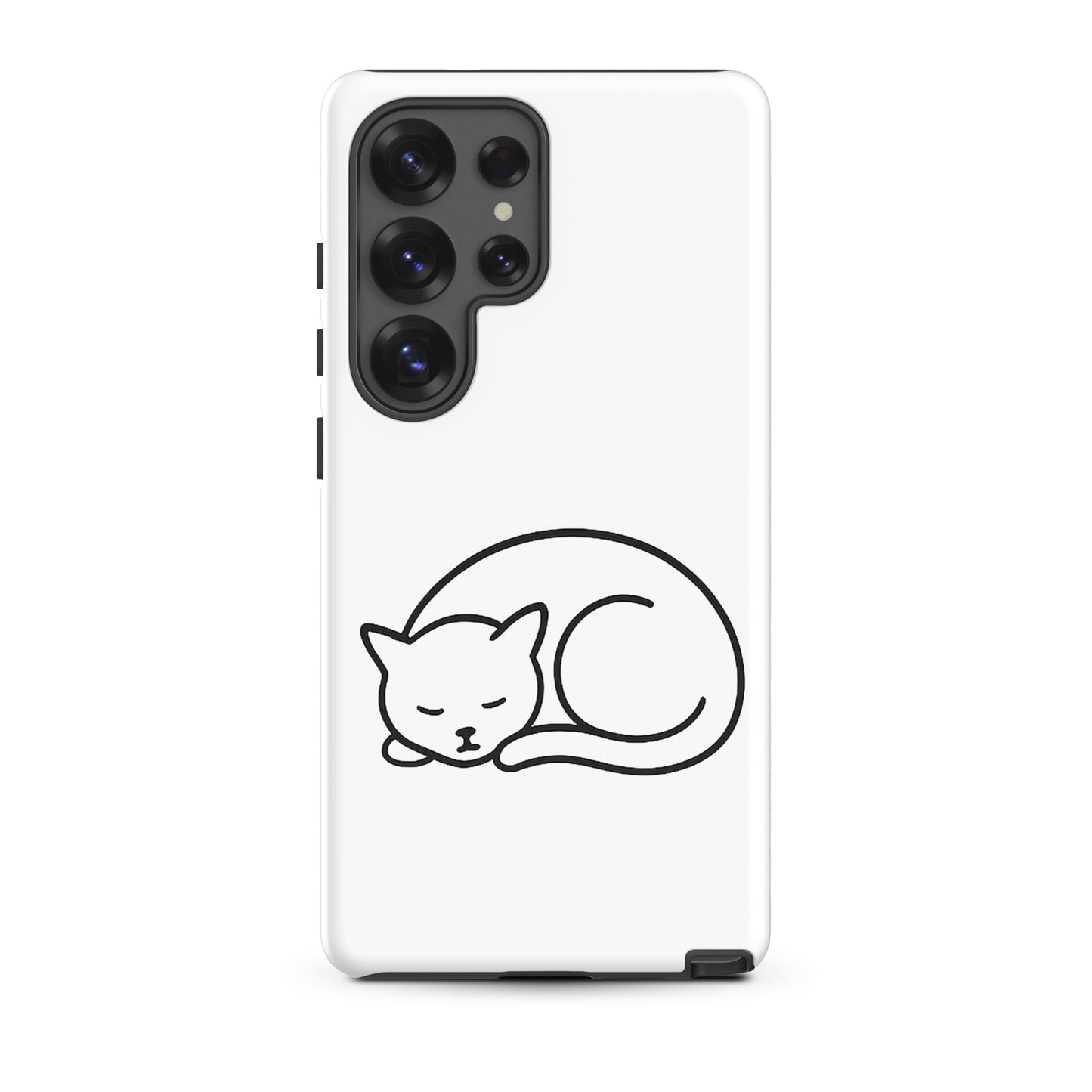 Phone Case for Samsung Galaxy with minimalist curled-up cat design in white and black, dual-layer protection for durability.