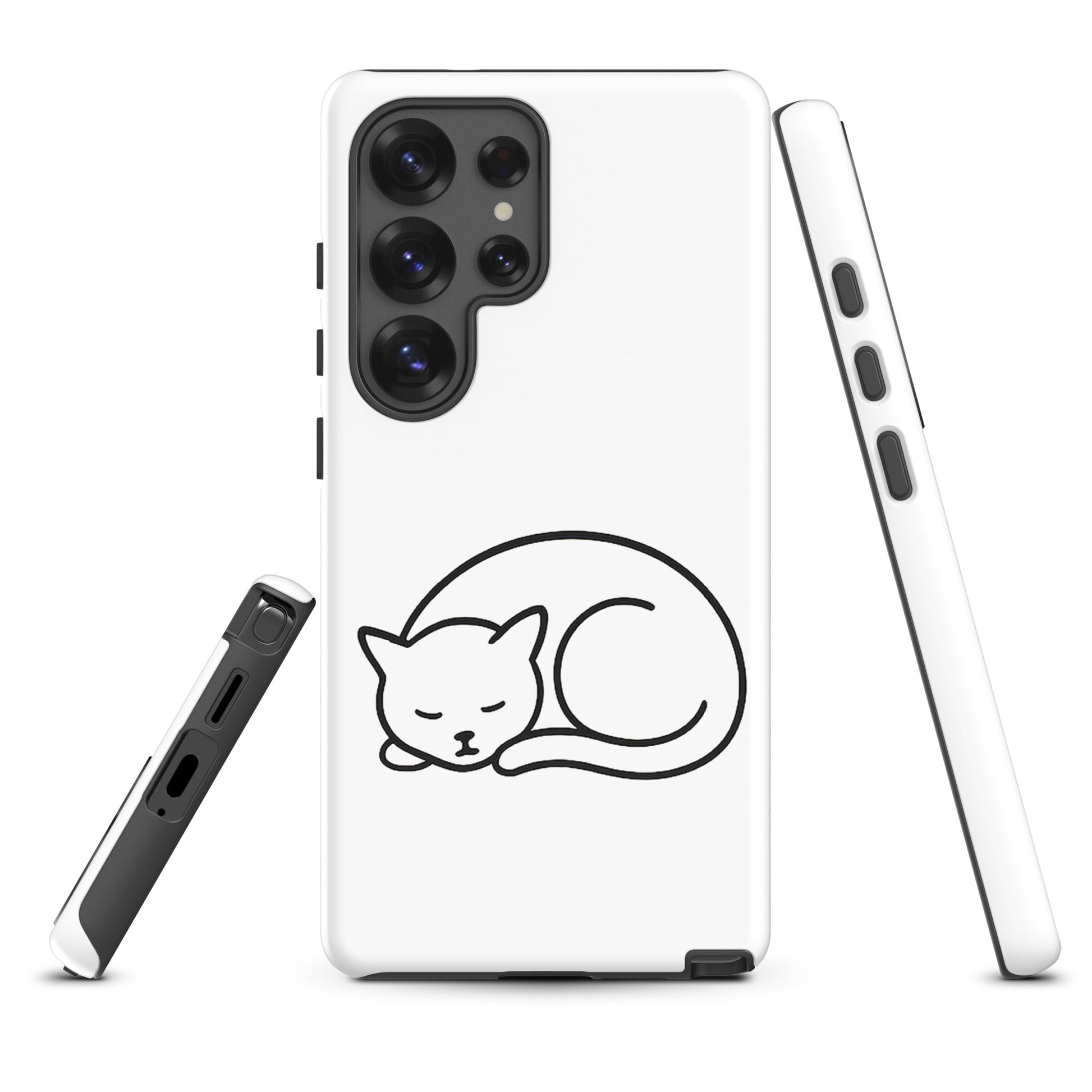 Phone Case for Samsung Galaxy with minimalist curled-up cat design in white and black. Dual-layer protection for cat lovers.