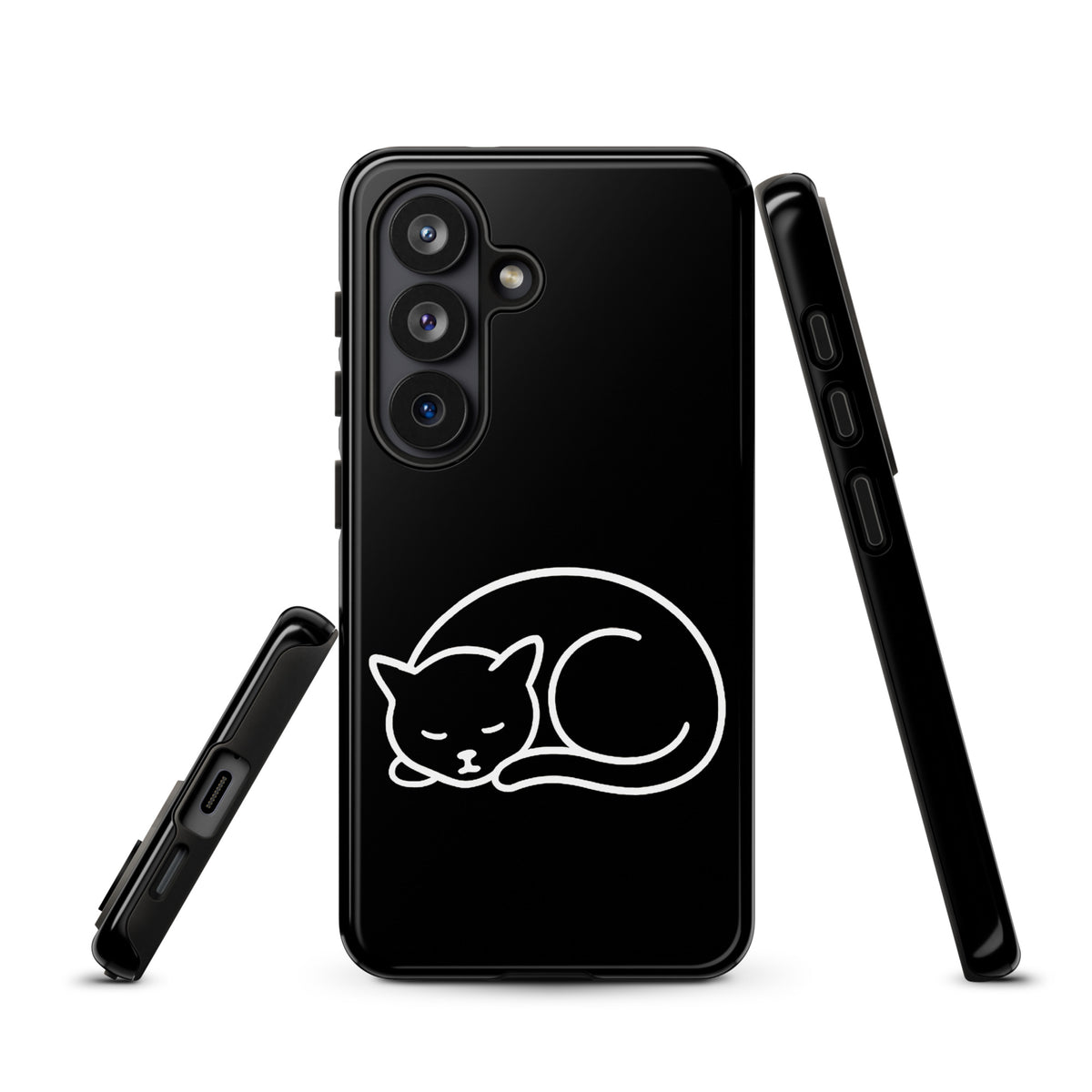 Phone Case for Samsung Galaxy with minimalist curled-up cat design in black and white, offering dual-layer protection for cat lovers.