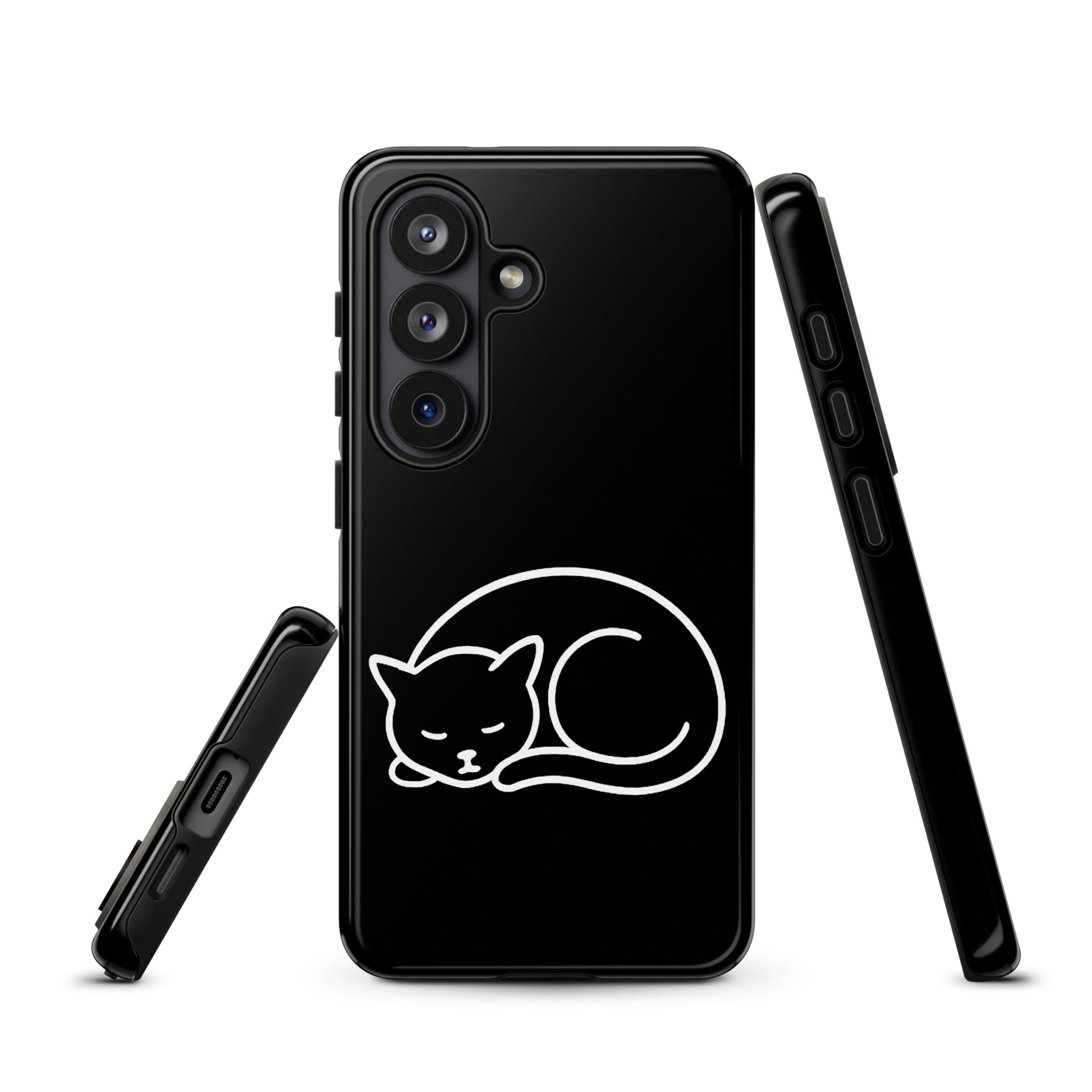 Phone Case for Samsung Galaxy with minimalist curled-up cat design in black and white, offering dual-layer protection for cat lovers.