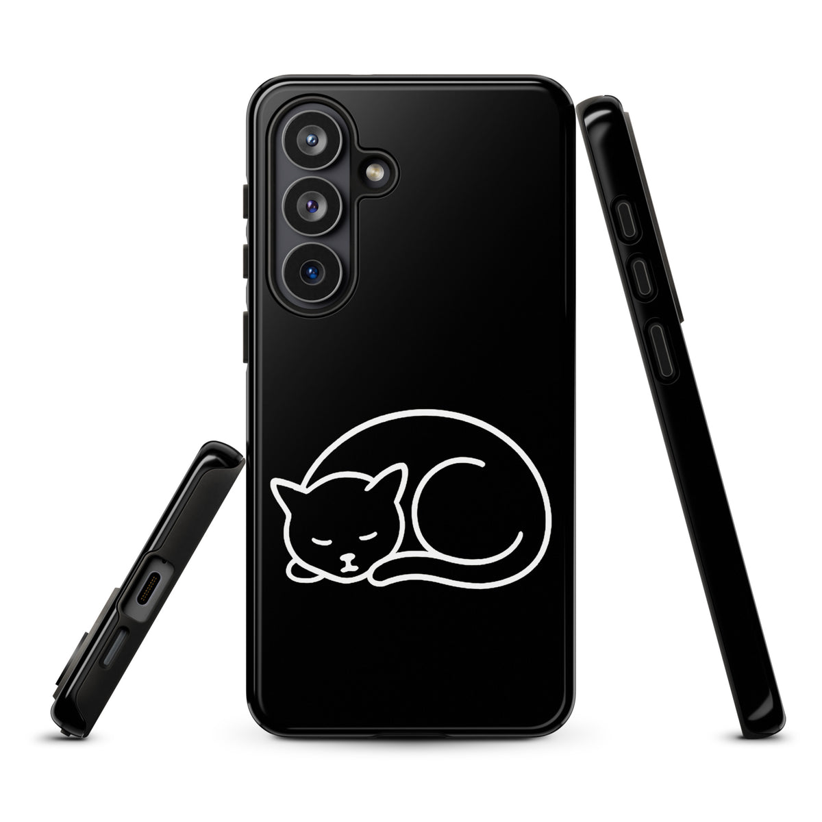 Phone Case for Samsung Galaxy with minimalist curled-up cat design in black and white. Dual-layer protection for your device.