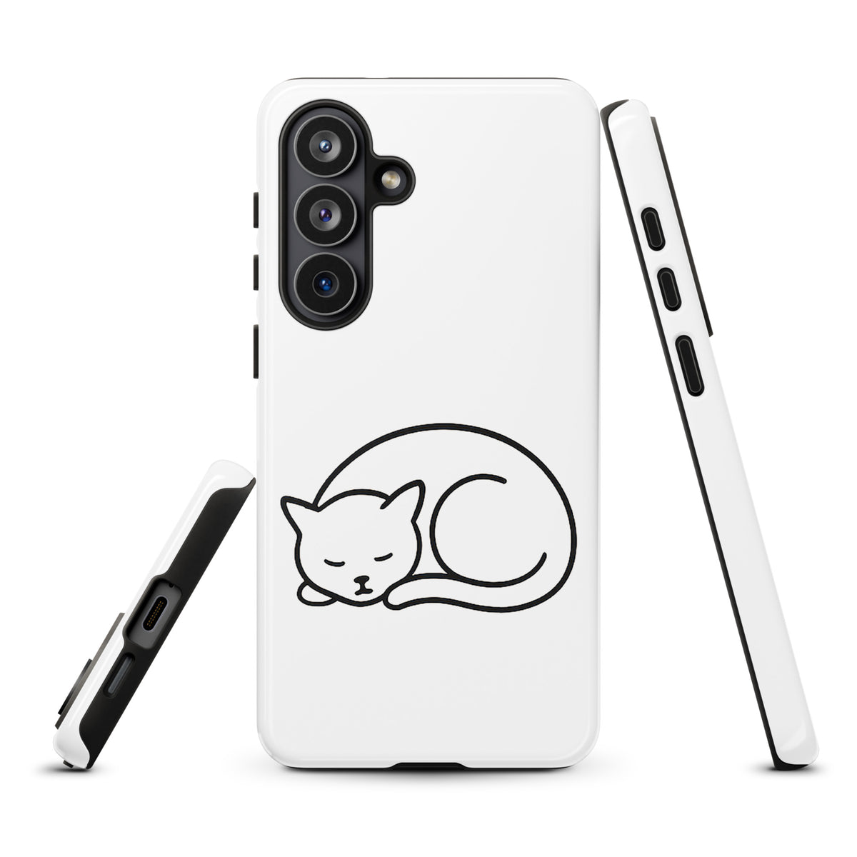 Phone Case with minimalist curled-up cat design for Samsung Galaxy phones in white and black, featuring dual-layer protection for cat lovers.