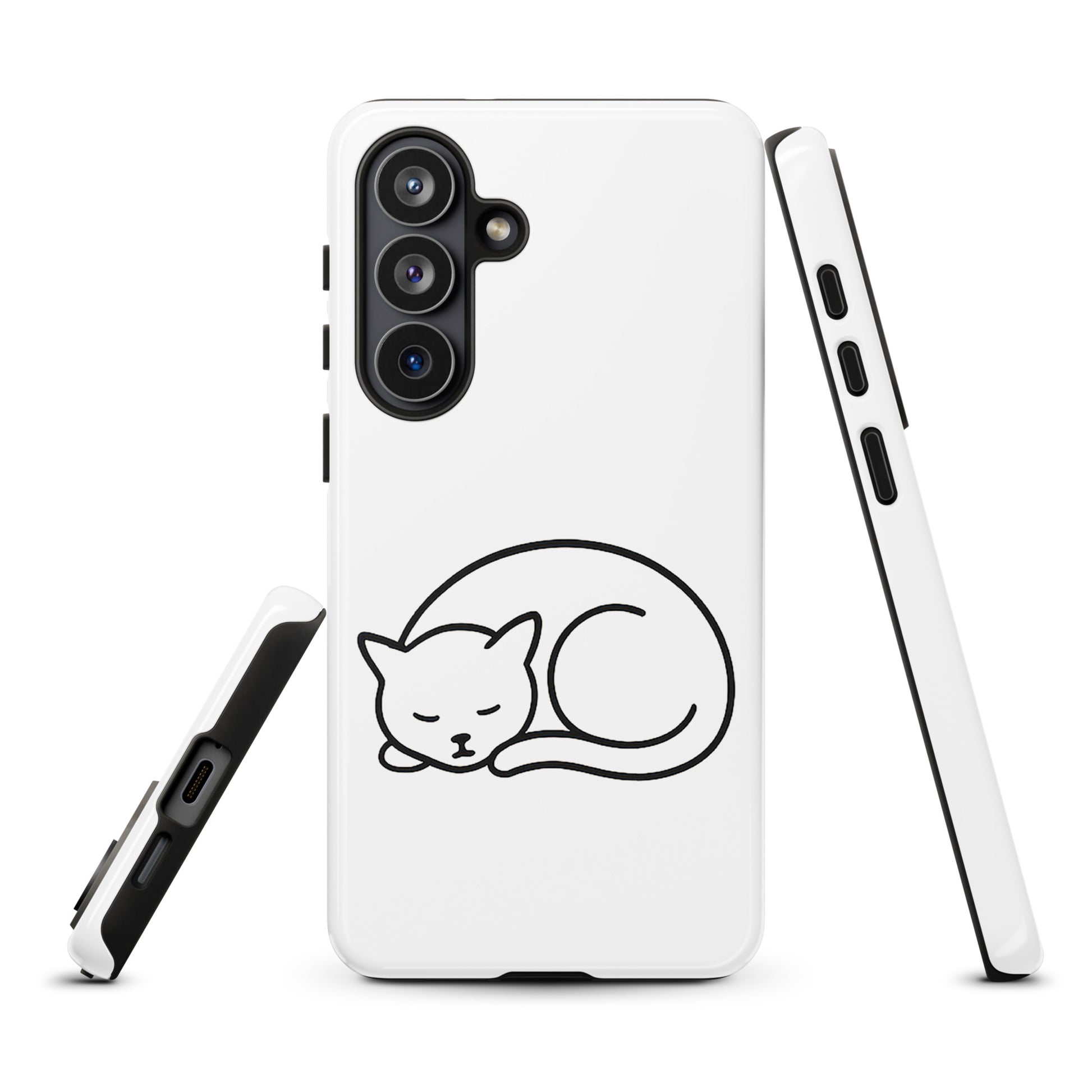 Phone Case with minimalist curled-up cat design for Samsung Galaxy phones in white and black, featuring dual-layer protection for cat lovers.