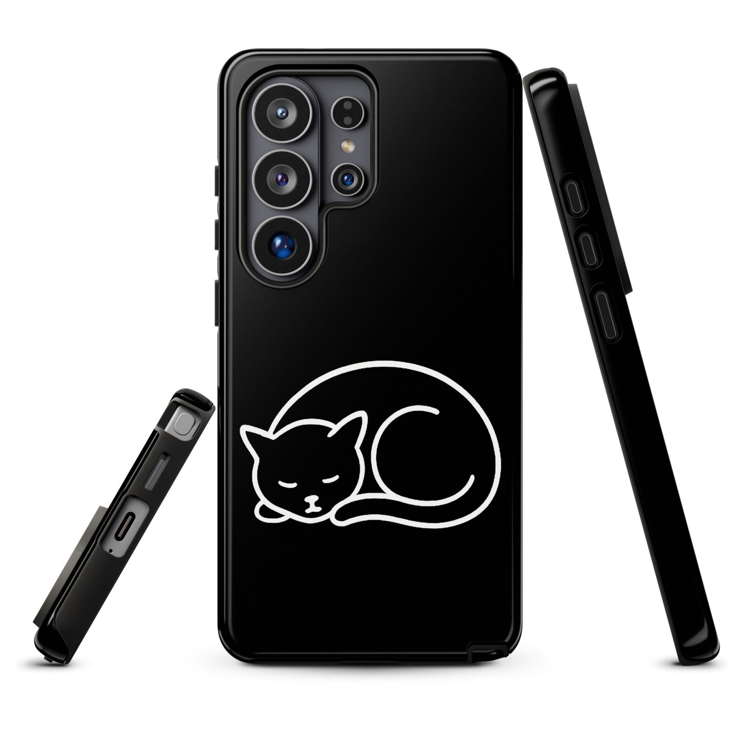 Phone Case for Samsung Galaxy with minimalist curled-up cat design, black and white, dual-layer protection, for cat lovers.