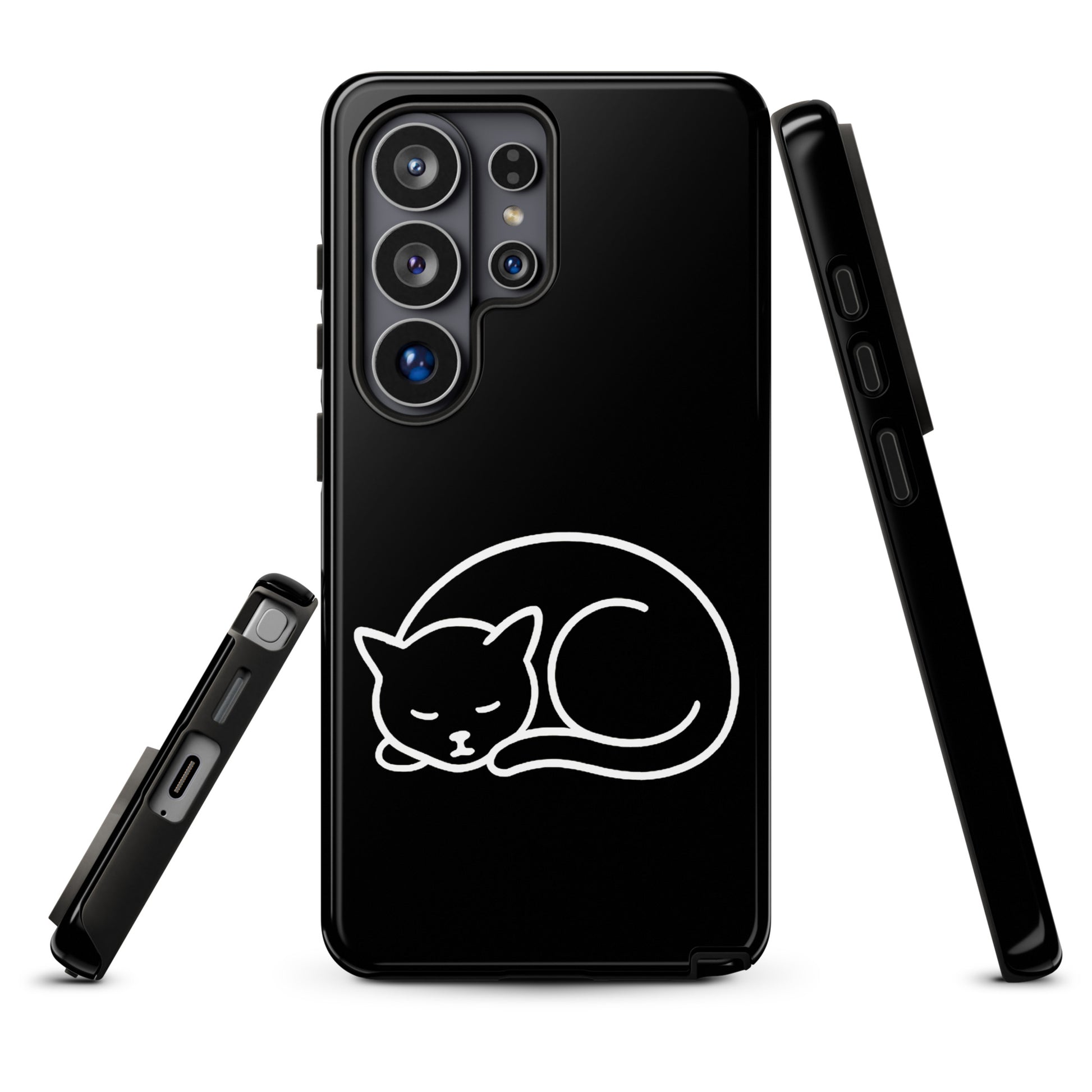 Phone Case for Samsung Galaxy with minimalist curled-up cat design, black and white, dual-layer protection, for cat lovers.