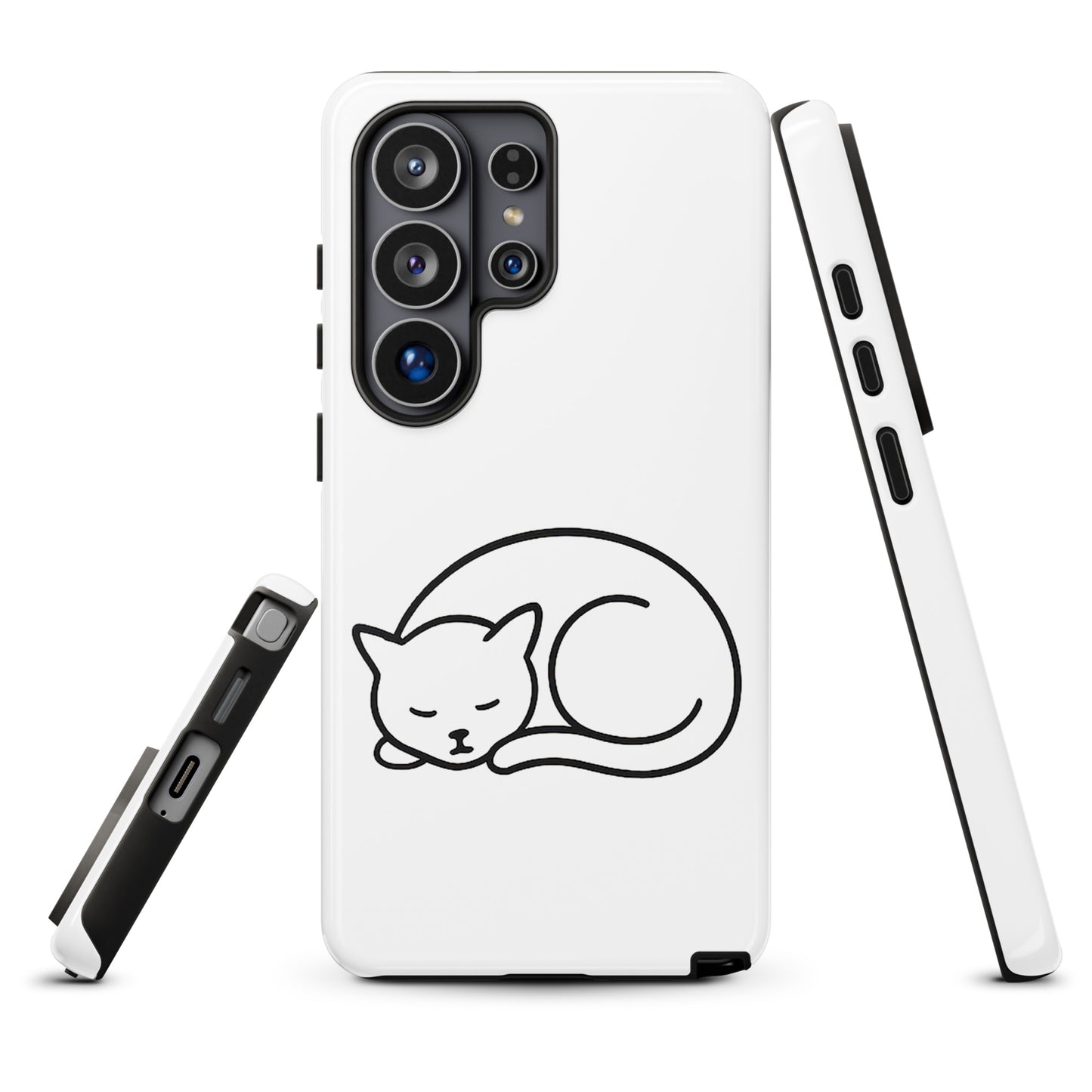 Phone Case for Samsung Galaxy Phones with minimalist curled-up cat design in white and black for cat lovers.