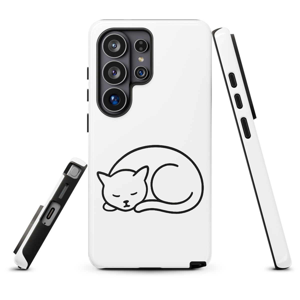 Phone Case for Samsung Galaxy Phones with minimalist curled-up cat design in white and black for cat lovers.