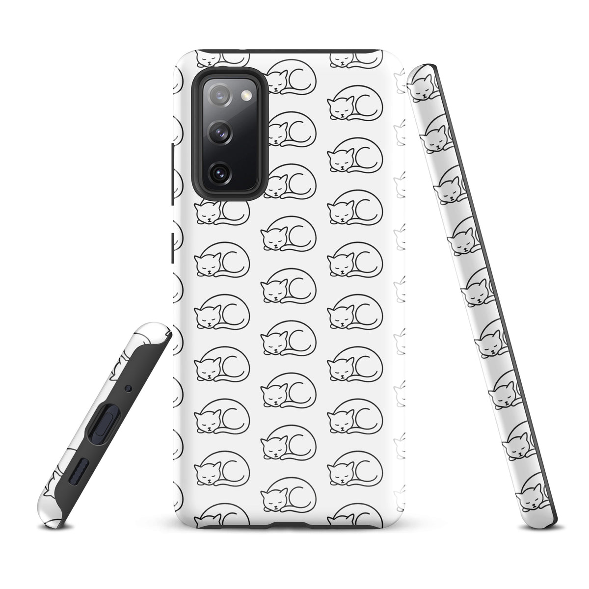 Phone Case with curled-up cat pattern for Samsung Galaxy in white and black, perfect for feline fans seeking stylish protection.