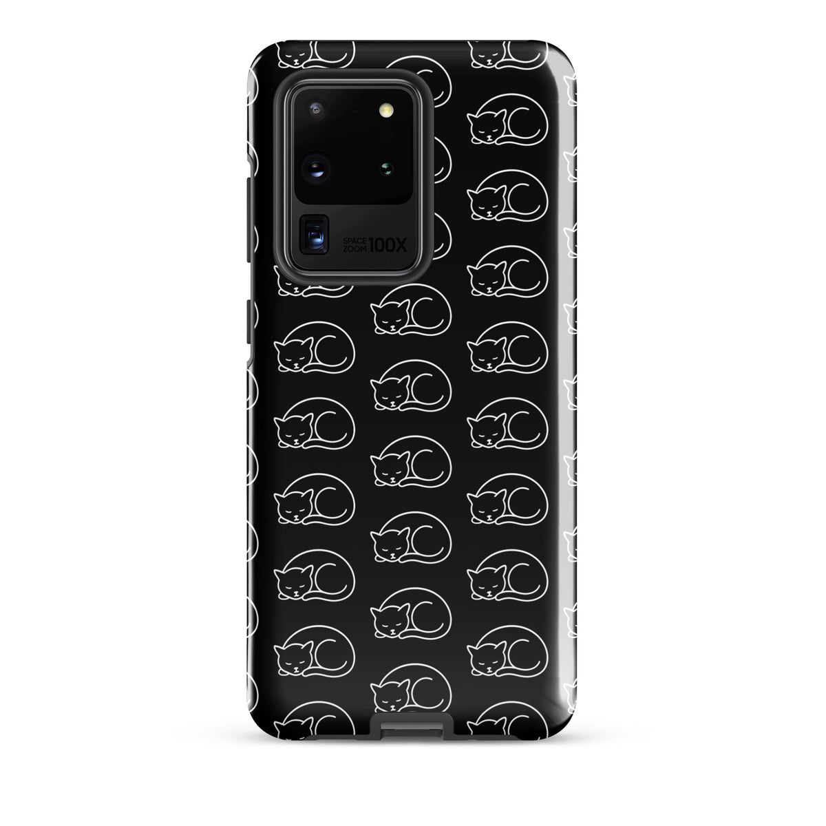 Phone Case for Samsung Galaxy with curled-up cat pattern in black and white, perfect for feline fans seeking stylish device protection.