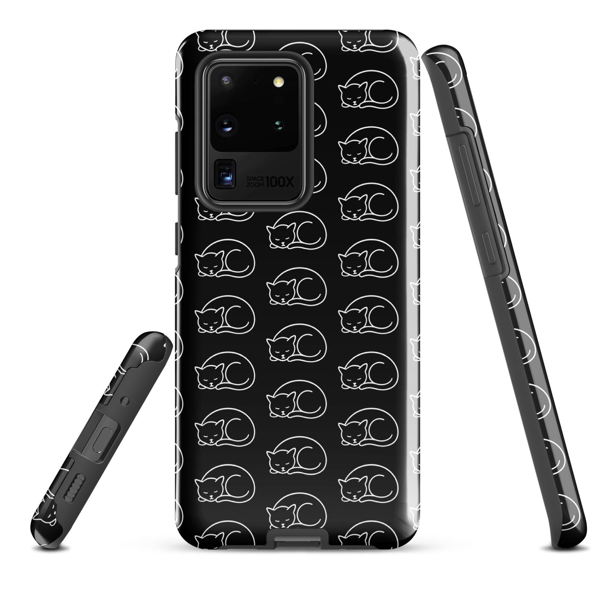 Phone Case for Samsung Galaxy with curled-up cat pattern in black and white, perfect for cat lovers seeking stylish protection.