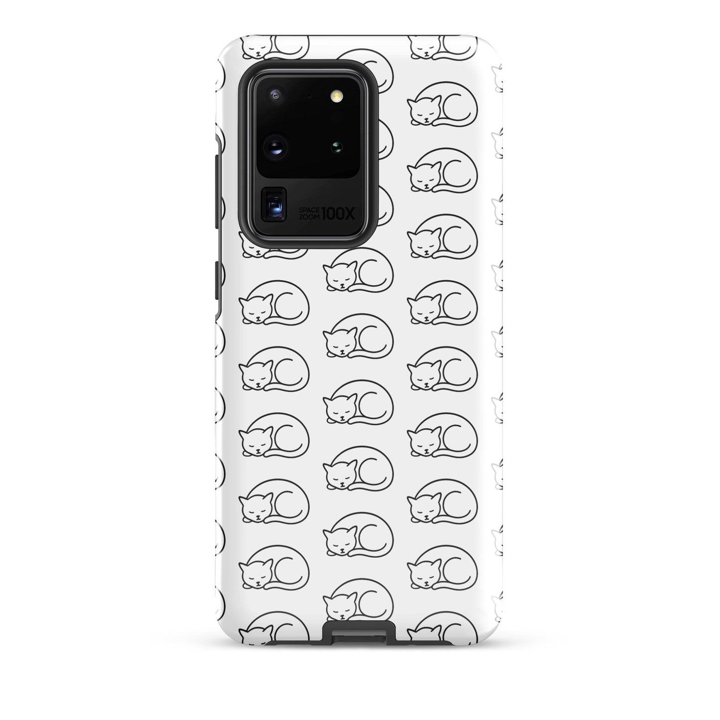 Phone Case for Samsung Galaxy with curled-up cat pattern in white and black, perfect for feline fans seeking stylish protection.
