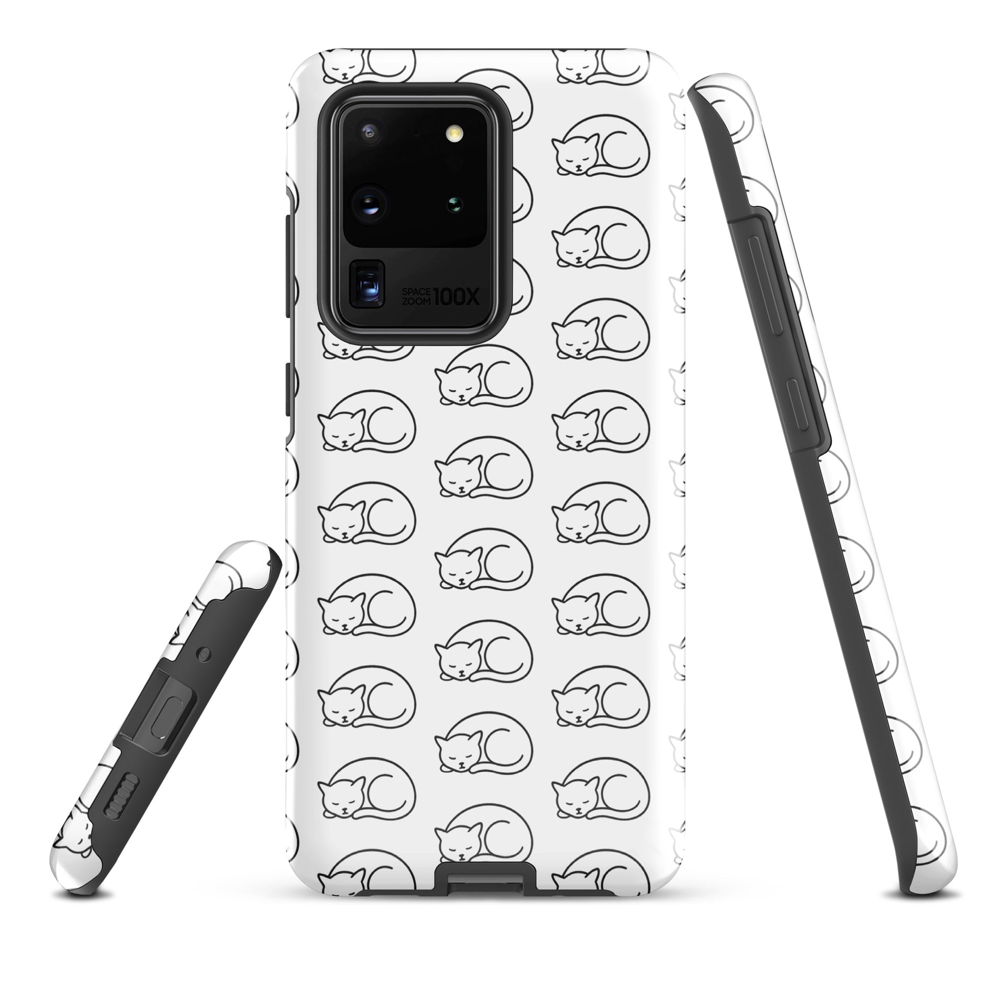 White and black Phone Case for Samsung Galaxy with curled-up cat pattern for feline enthusiasts.
