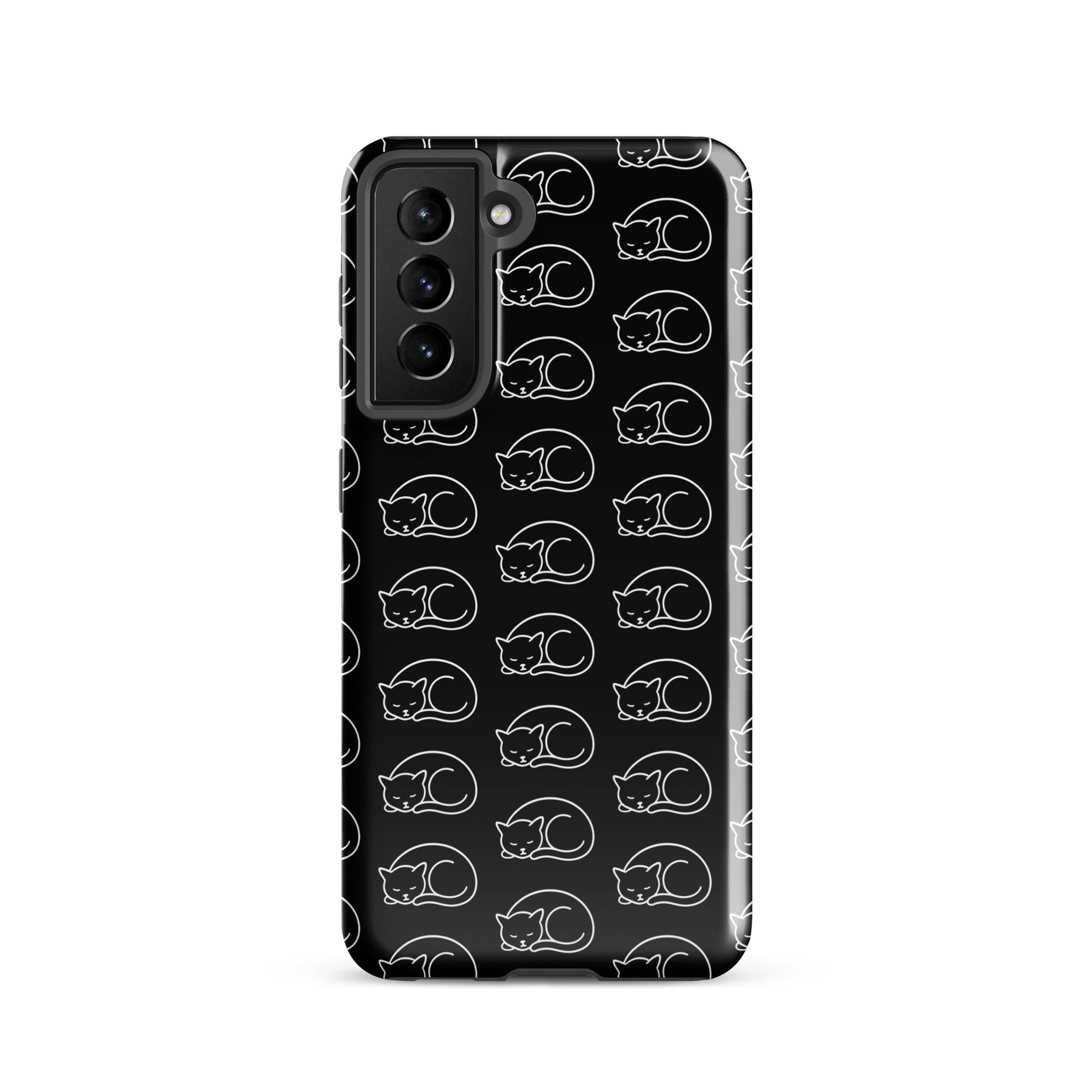Phone Case for Samsung Galaxy with curled-up cat pattern in black and white, perfect for feline fans and added protection.