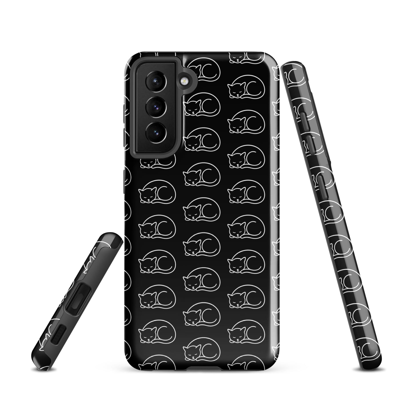 Phone Case for Samsung Galaxy with curled-up cat pattern in black and white, designed for feline fans seeking style and protection.