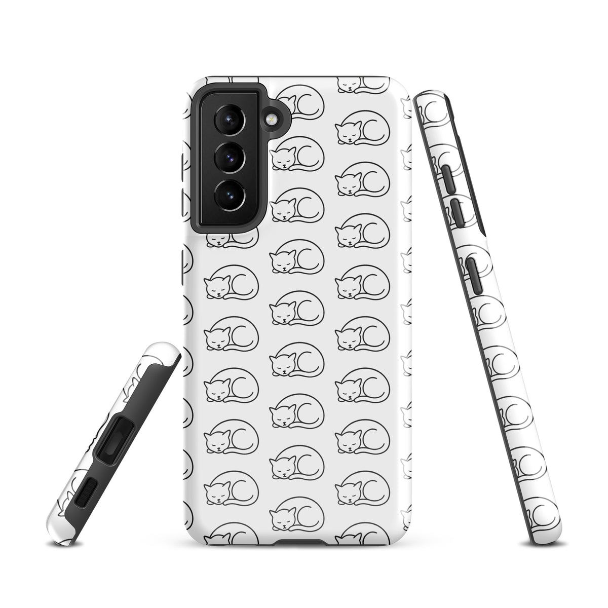Phone Case for Samsung Galaxy with curled-up cat pattern in white and black, ideal for cat enthusiasts seeking stylish protection.