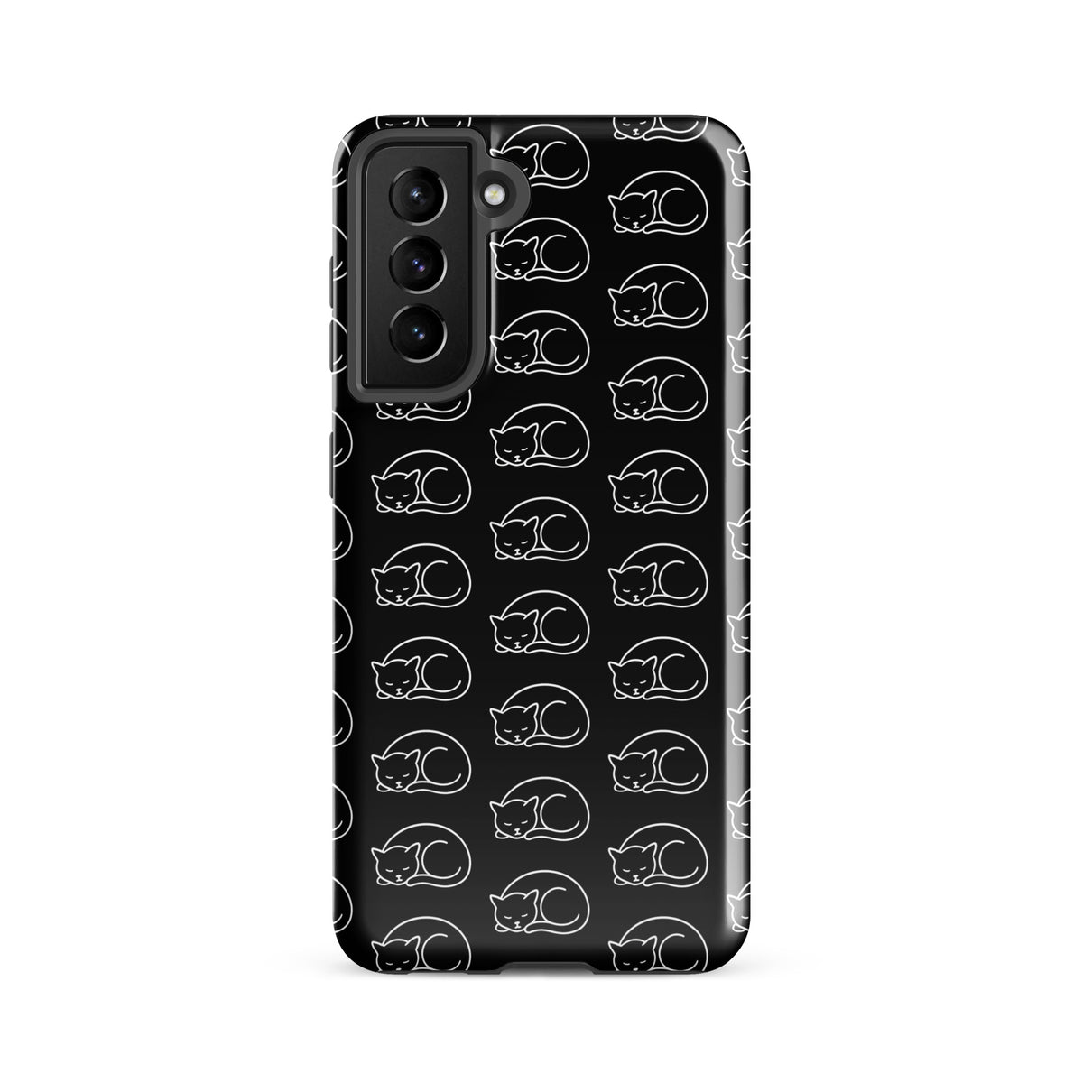 Phone Case for Samsung Galaxy with curled-up cat pattern in black and white, perfect for feline fans and phone protection.