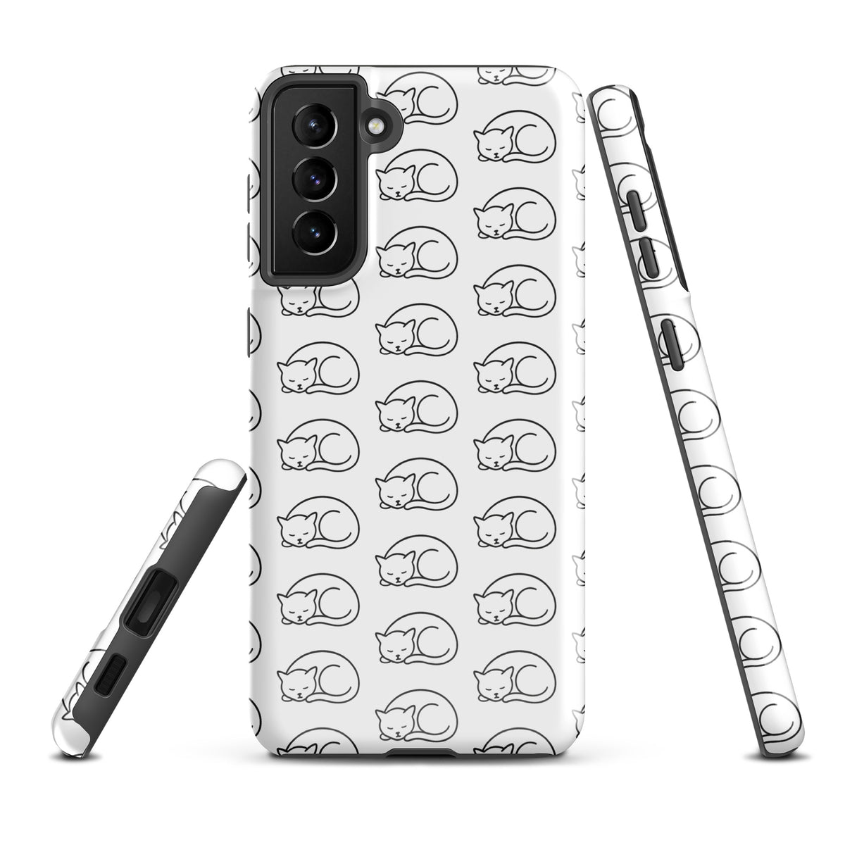 Phone Case for Samsung Galaxy with curled-up cat pattern, white and black design. Ideal for feline fans seeking style and device protection.
