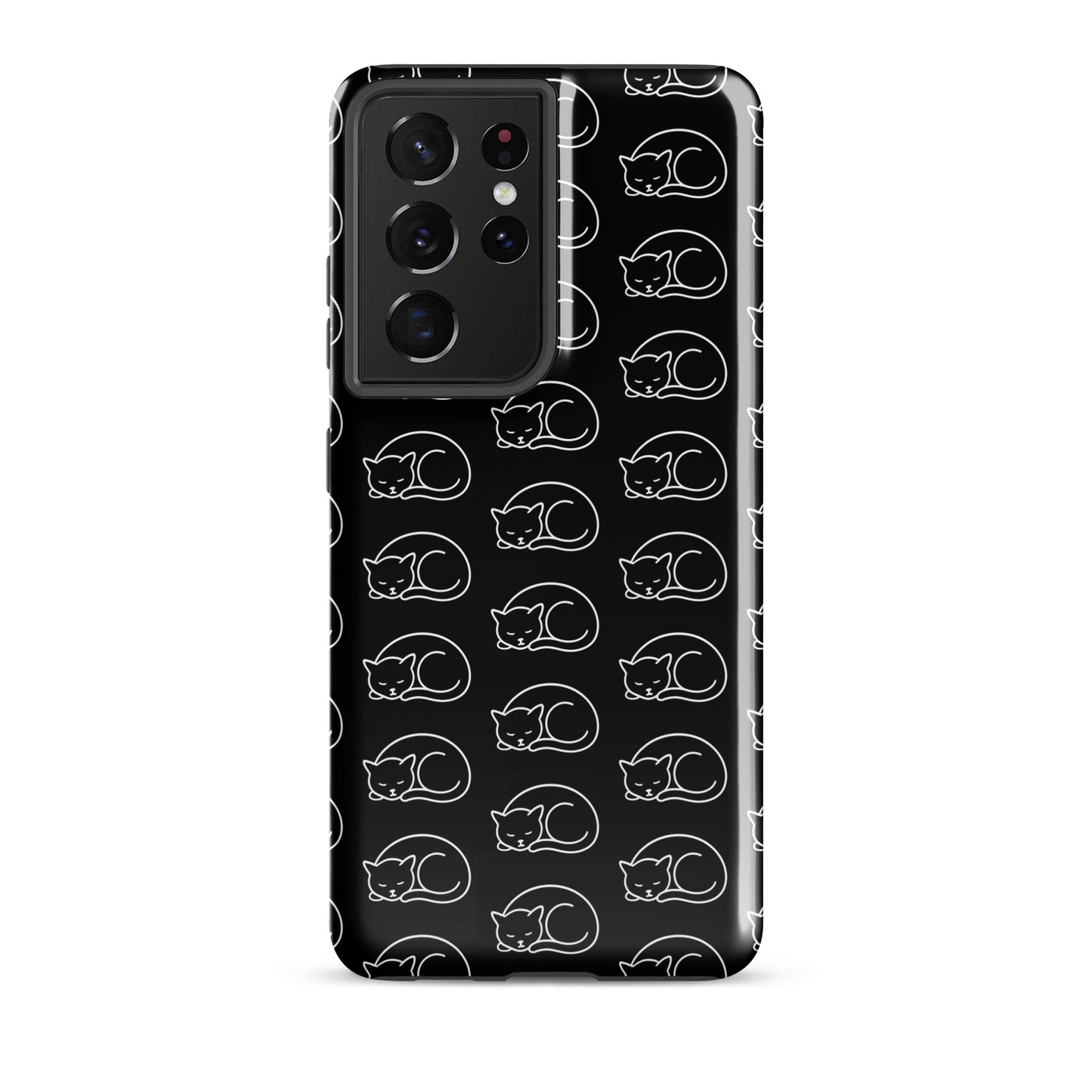 Phone Case for Samsung Galaxy with curled-up cat pattern, black and white design for cat enthusiasts.