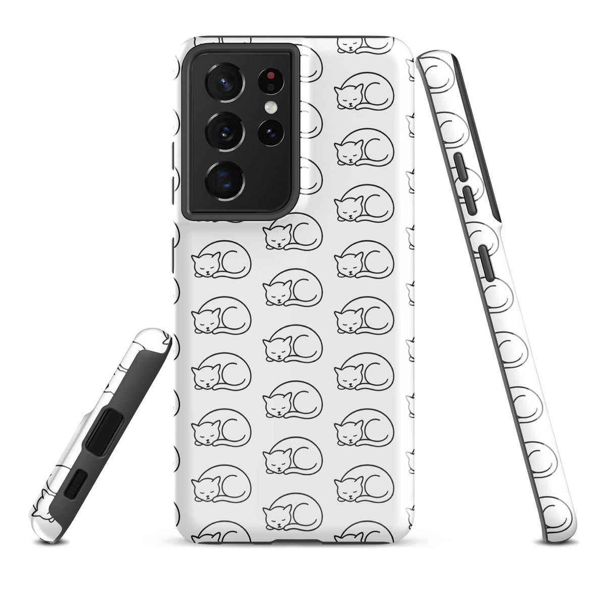 Phone Case for Samsung Galaxy with curled-up cat pattern, perfect for cat lovers, in white and black design, offering stylish protection.